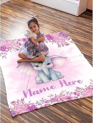 Miniatura 488 de Manta personalizada con diseño de jirafa y elefante, manta de franela suave, acogedora y ligera con nombre para sofá, cama, sofá, regalo, unisex