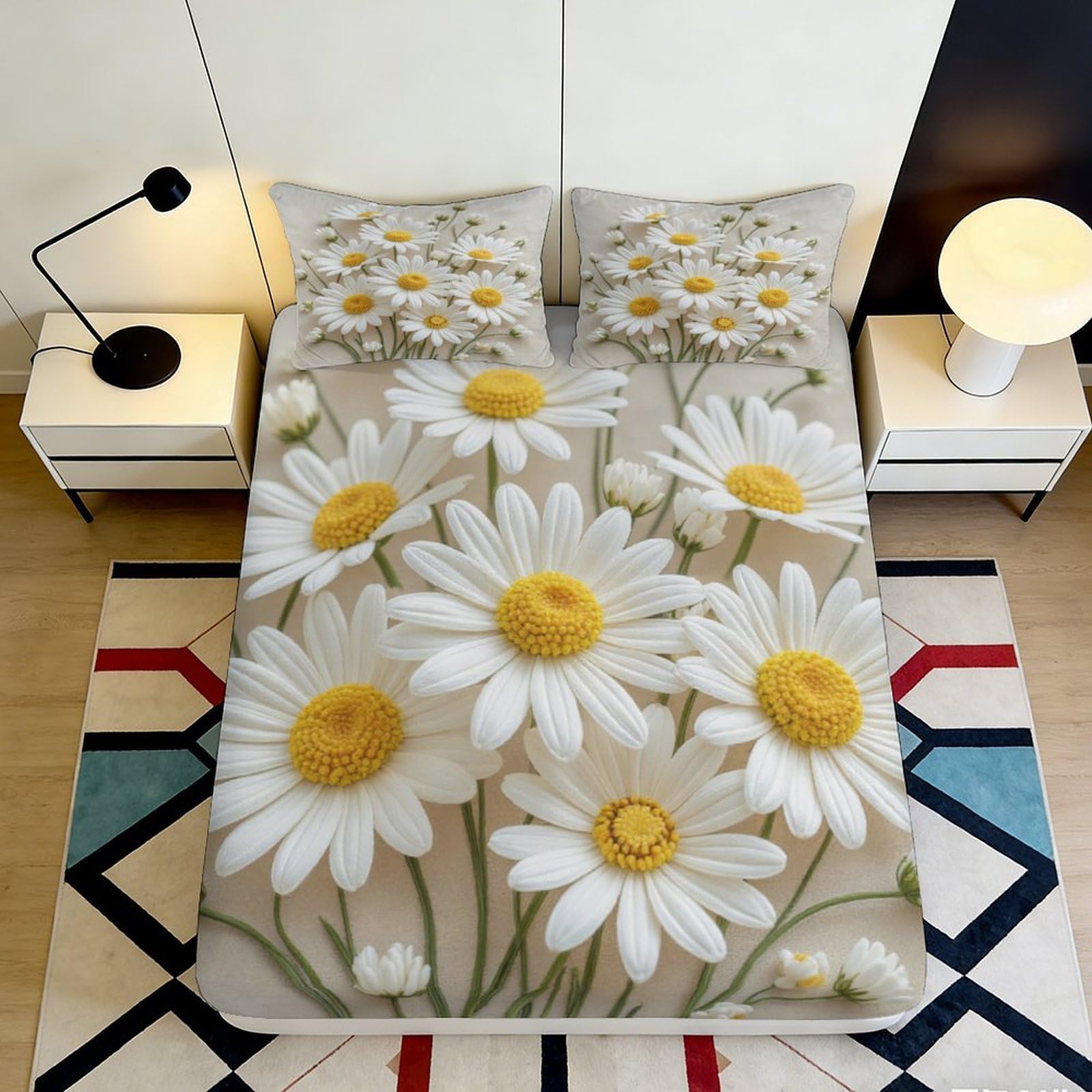 Jqzkxnhpbr Style-1 3D Printed Daisy Blossom Fitted Sheet Microfiber Anti-Slip Mattress Cover Yellow White Floral For Bedroom Home 90X200x25cm