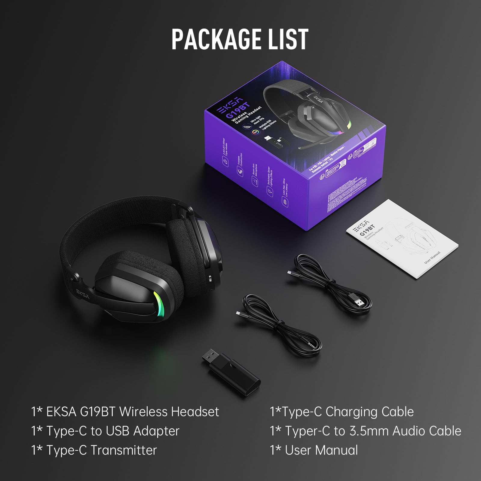 EKSA G19 BT Cuffie Gaming Wireless, 4 in 1 Cuffie PC con Microfono, USB, Bassa Latenza Di 30 ms, Bluetooth 5.4 con Illuminazione RGB, Gaming Headset per PC, PS5, PS4, Mac, Dispositivi Mobili