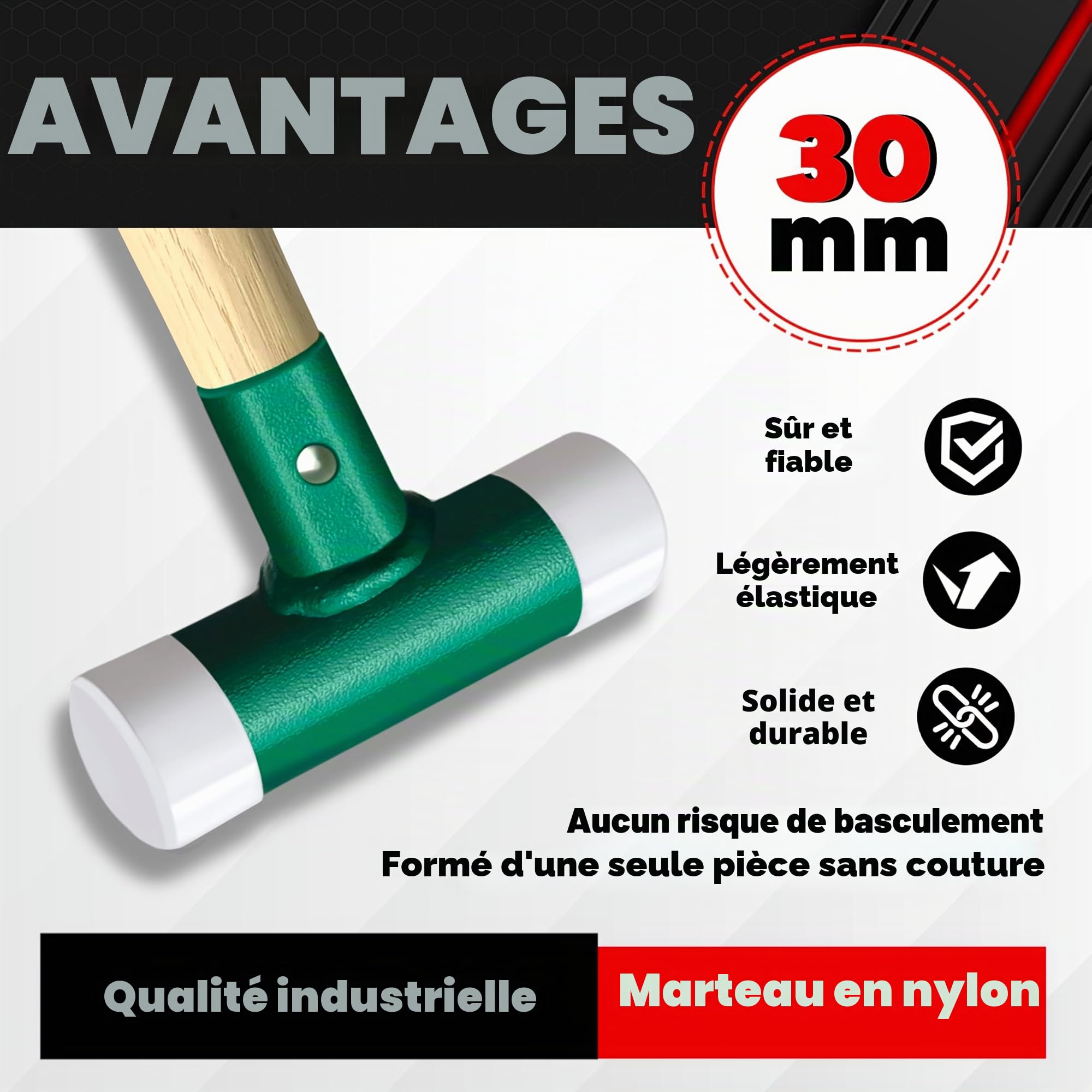 C&T Marteau de protection, maillet souple, diamètre : 30 mm, manche en bois avec tête en nylon interchangeable pour l'entretien et le montage, poignée en bois de 30 mm