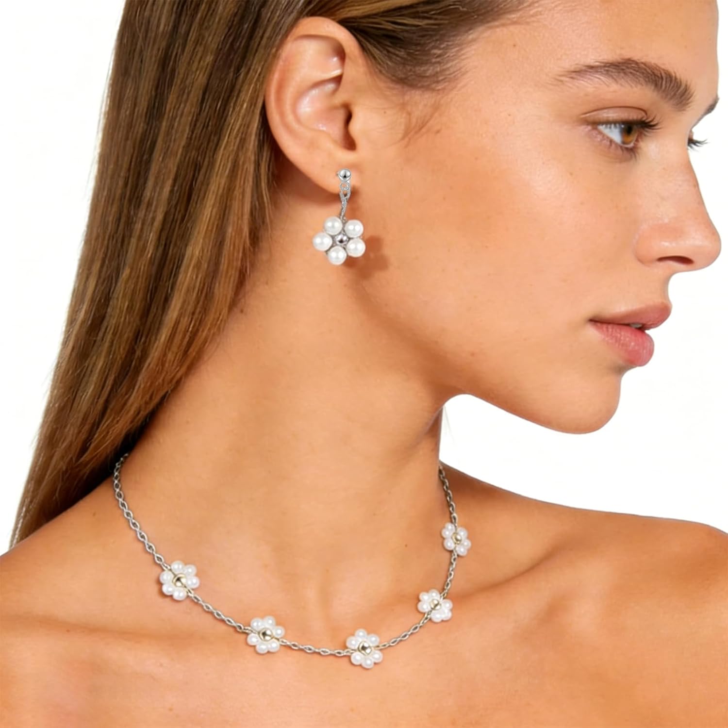 Gold Jewelry Set for Women Dainty 18K Gold Silver Plated Layered Daisy Pearl Flower Choker Necklaces Set Flower Bracelet & Drop Earrings Wedding Jewelry for Christmas Birthday Gifts - Image 3