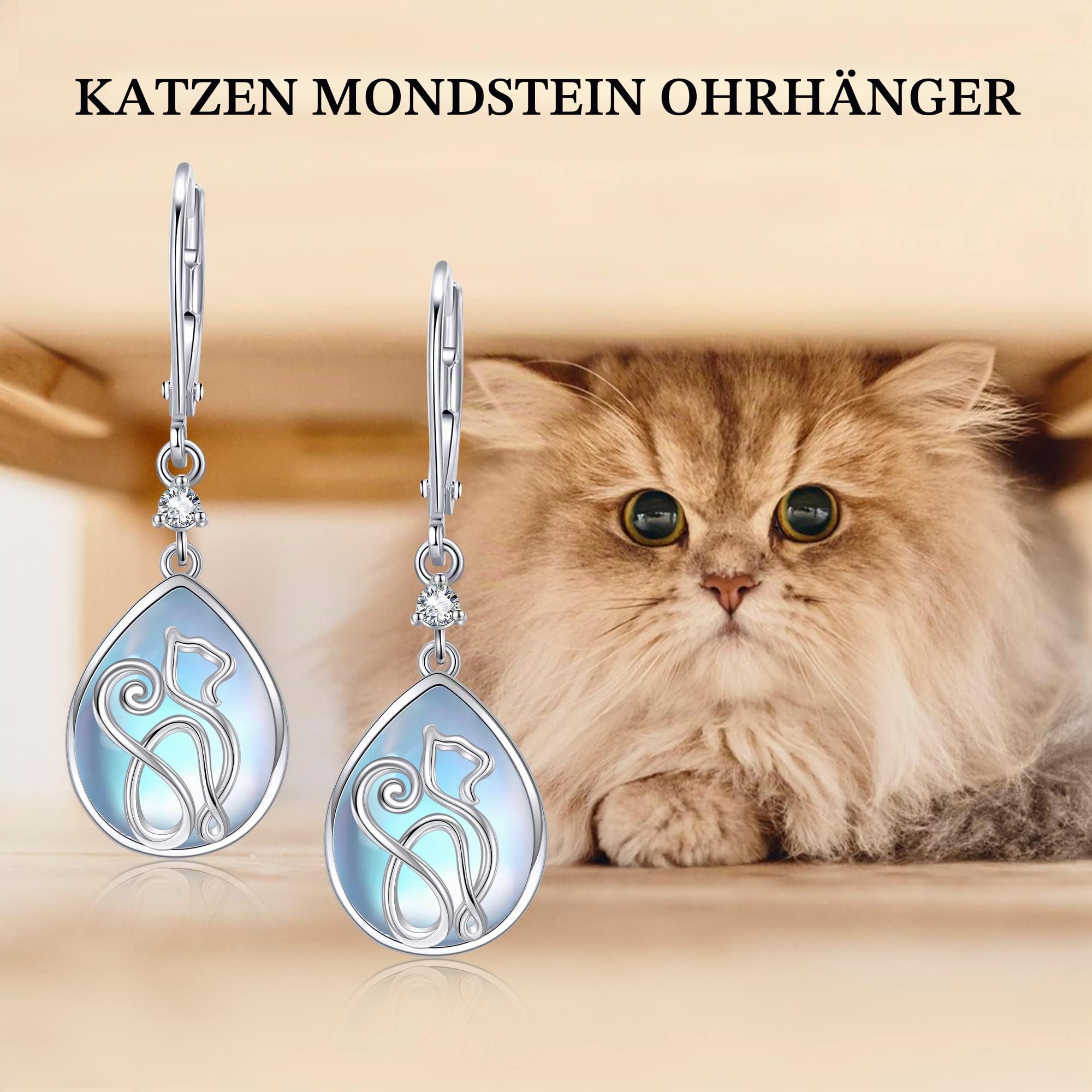 Sterling Silber Katze Mondstein Ohrringe - Schmuck Geschenke für Frauen und Mädchen Katzenliebhaber