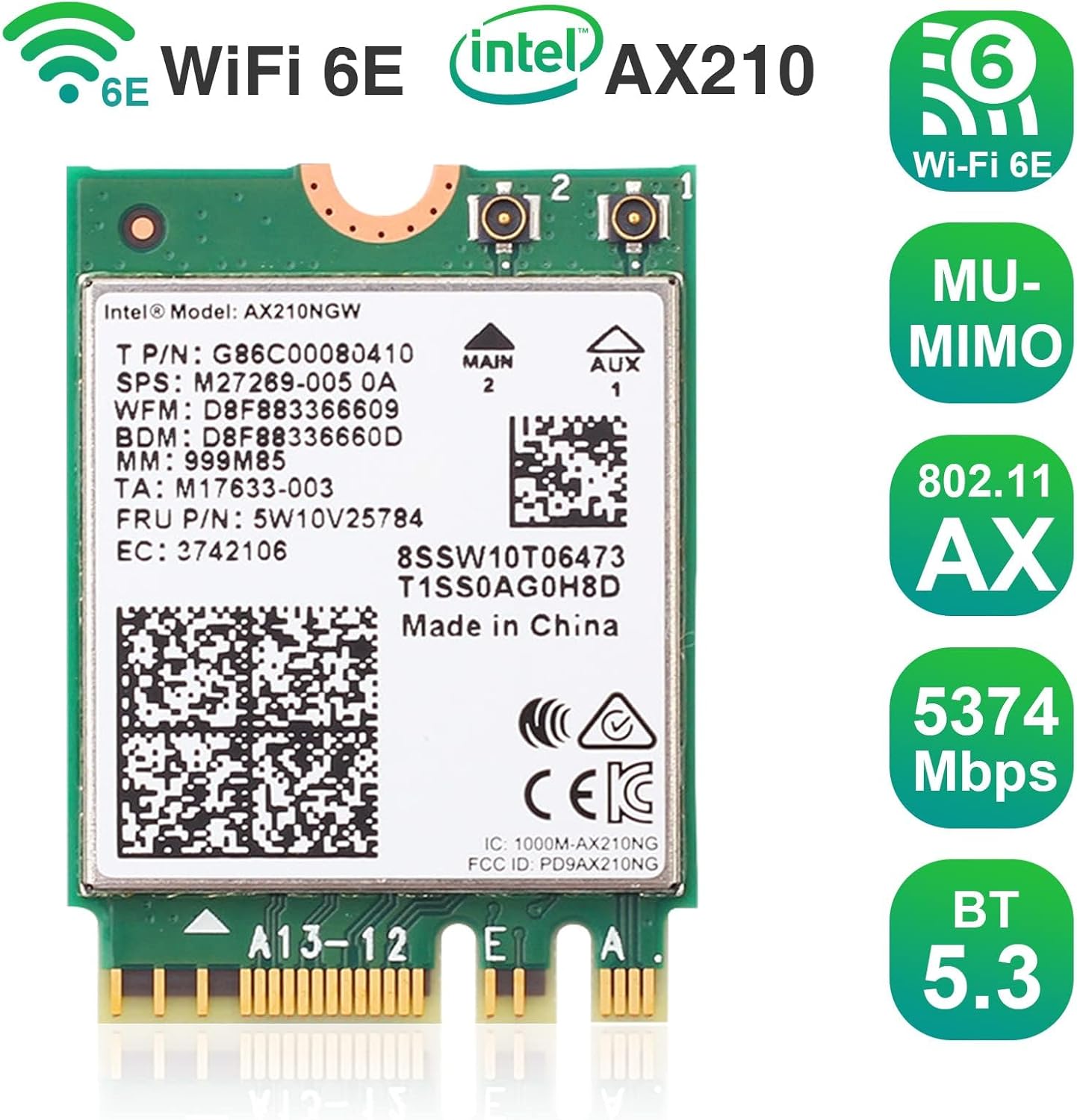 Intel AX210NGW WiFi 6E Wireless Card for Laptop + PCIe WiFi 6E Card Bluetooth 5.2 AX 5400 Mbps AX210 Tri-Band 6Ghz/5.8GHz/2.4GHz