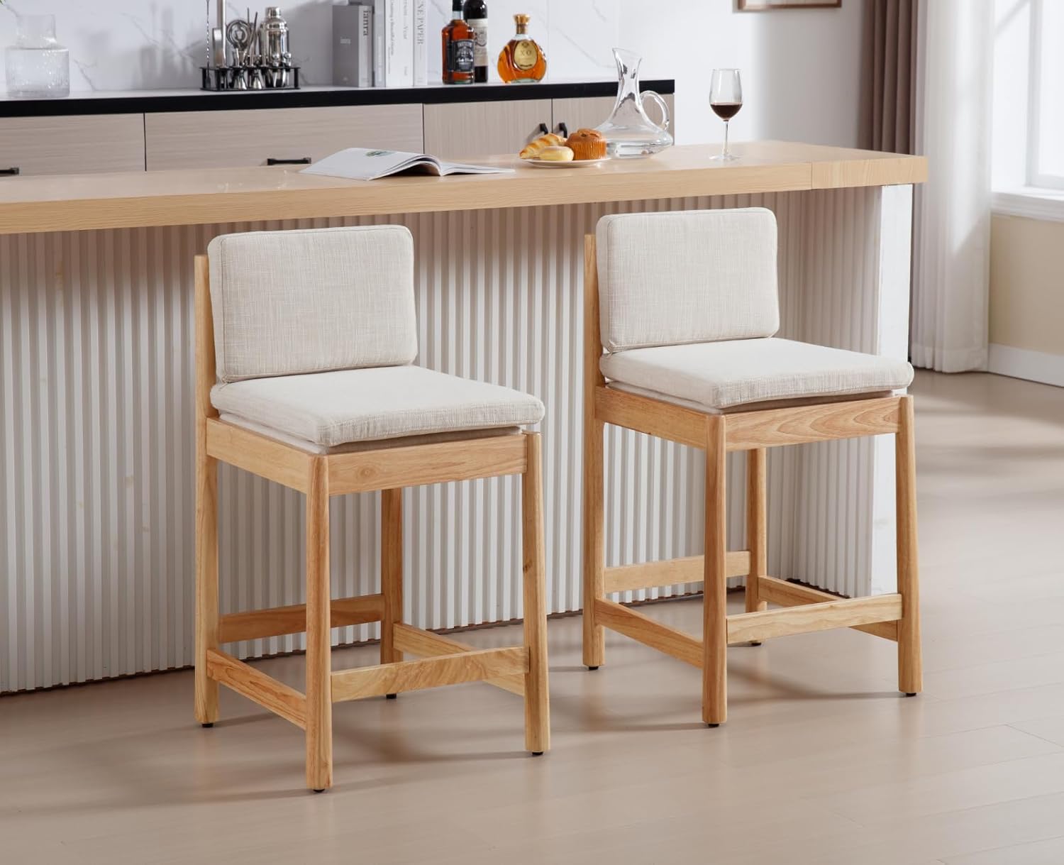 Shunzhi Farmhouse Counter Height Bar Stools Set of 2 Mid Century Modern Barstools Upholstered Counter Stools Wooden Bar Chairs for Kitchen Island/Dining Room/Home/Pub,26 Inch,Beige Linen
