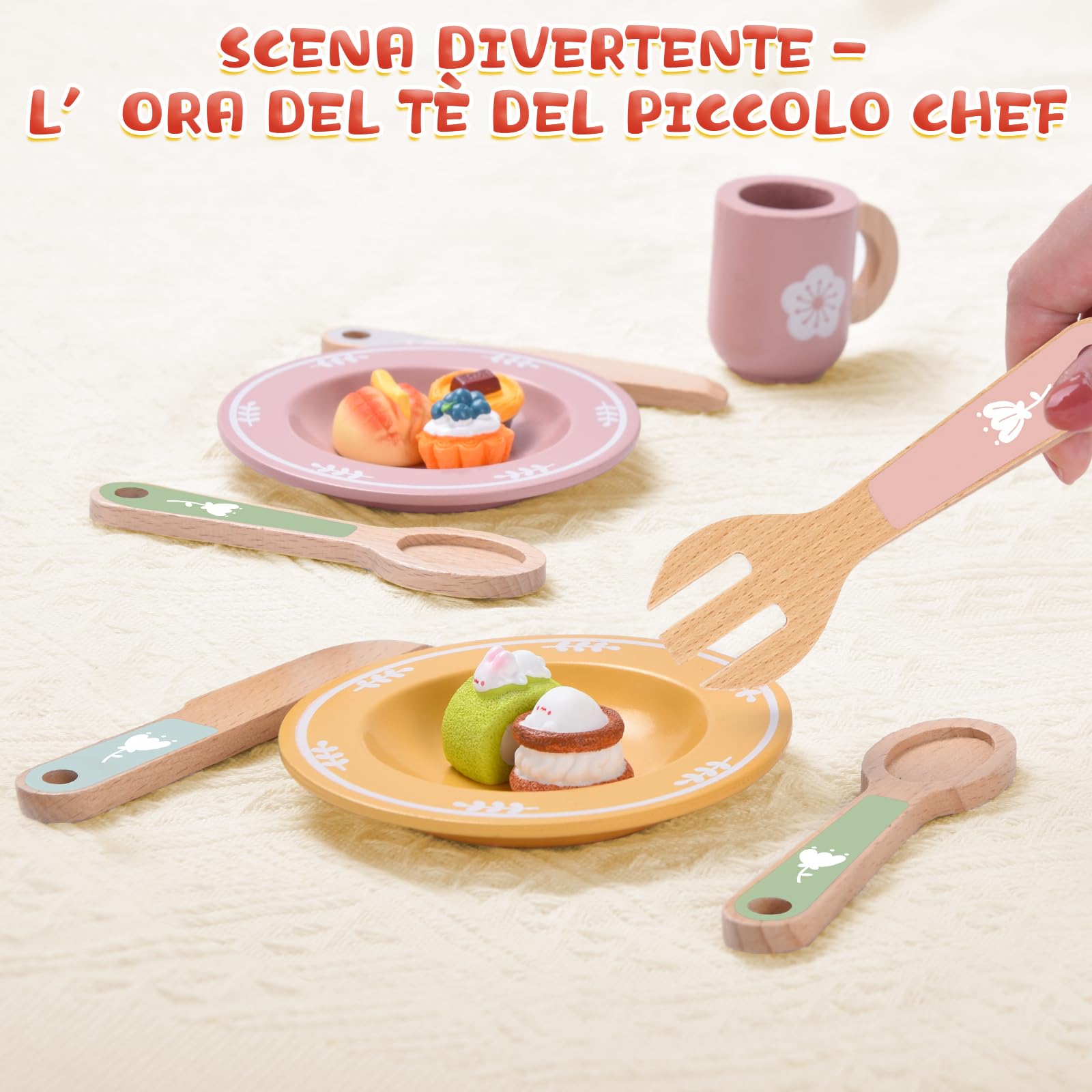 Charmofun Stoviglie Cucina Bambini in Legno, 30 Pezzi Accessori Cucina Bambini di Legno, Cucina Tea Party Regalo per Ragazze Ragazzi 4 5 6 7 8 anni