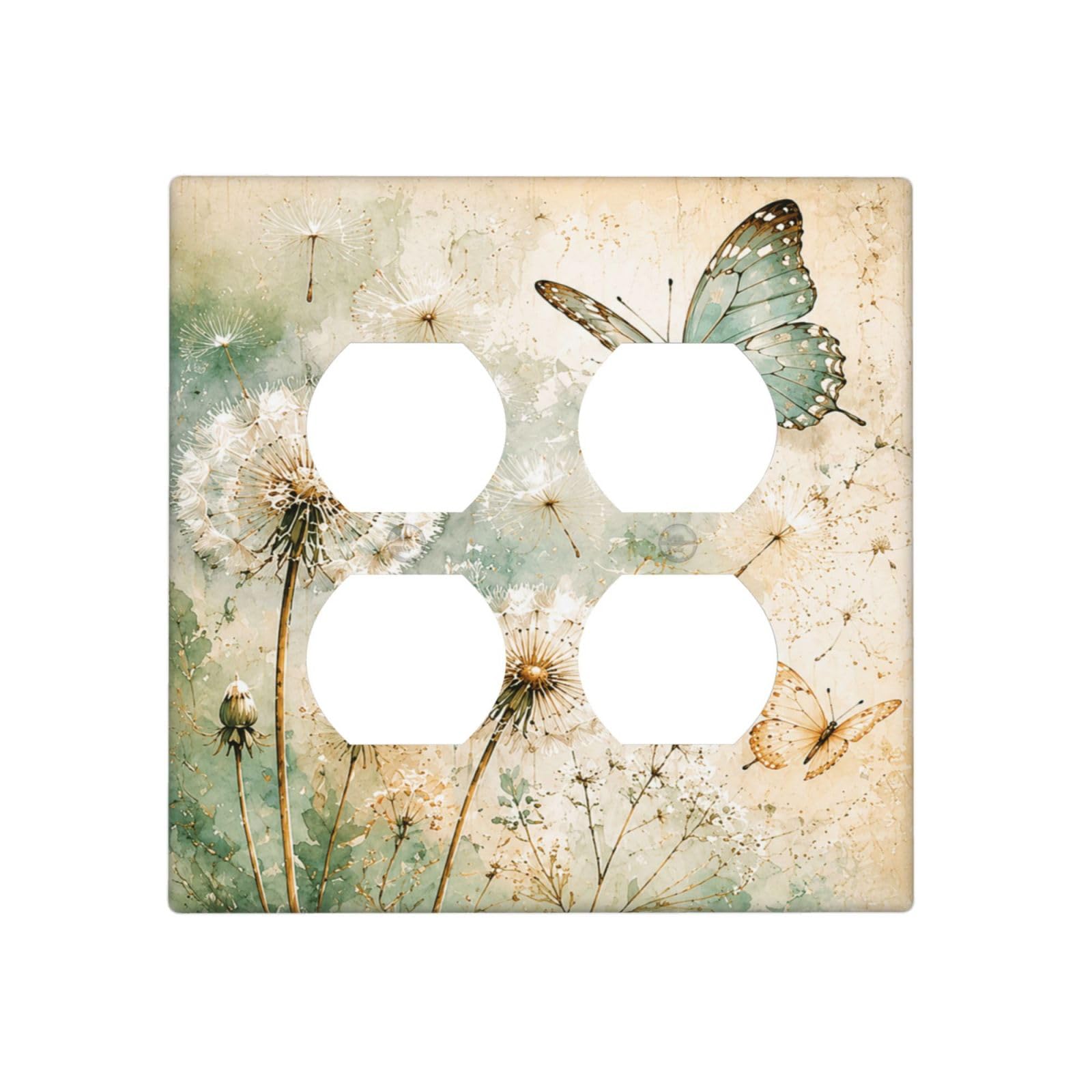 Xuejiaku Decorative Outlet Covers Watercolor Dandelion & Butterflies 2-Gang Duplex Light Switch Covers Gfci Wall Plate Rustic Green Floral Receptacle Switchplate for Farmhouse Home Decor