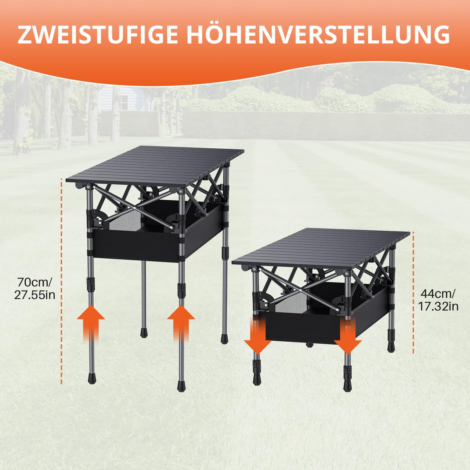 FUNYKICH Campingtisch Klappbar 82 x 40cm, Klapptisch mit 2 Höhenverstellbar(44/70cm), Einfache Montage, Tragbar Falttisch mit Netztasche Aluminium Aufrollbare Tischplatte für BBQ Camping Party Garten