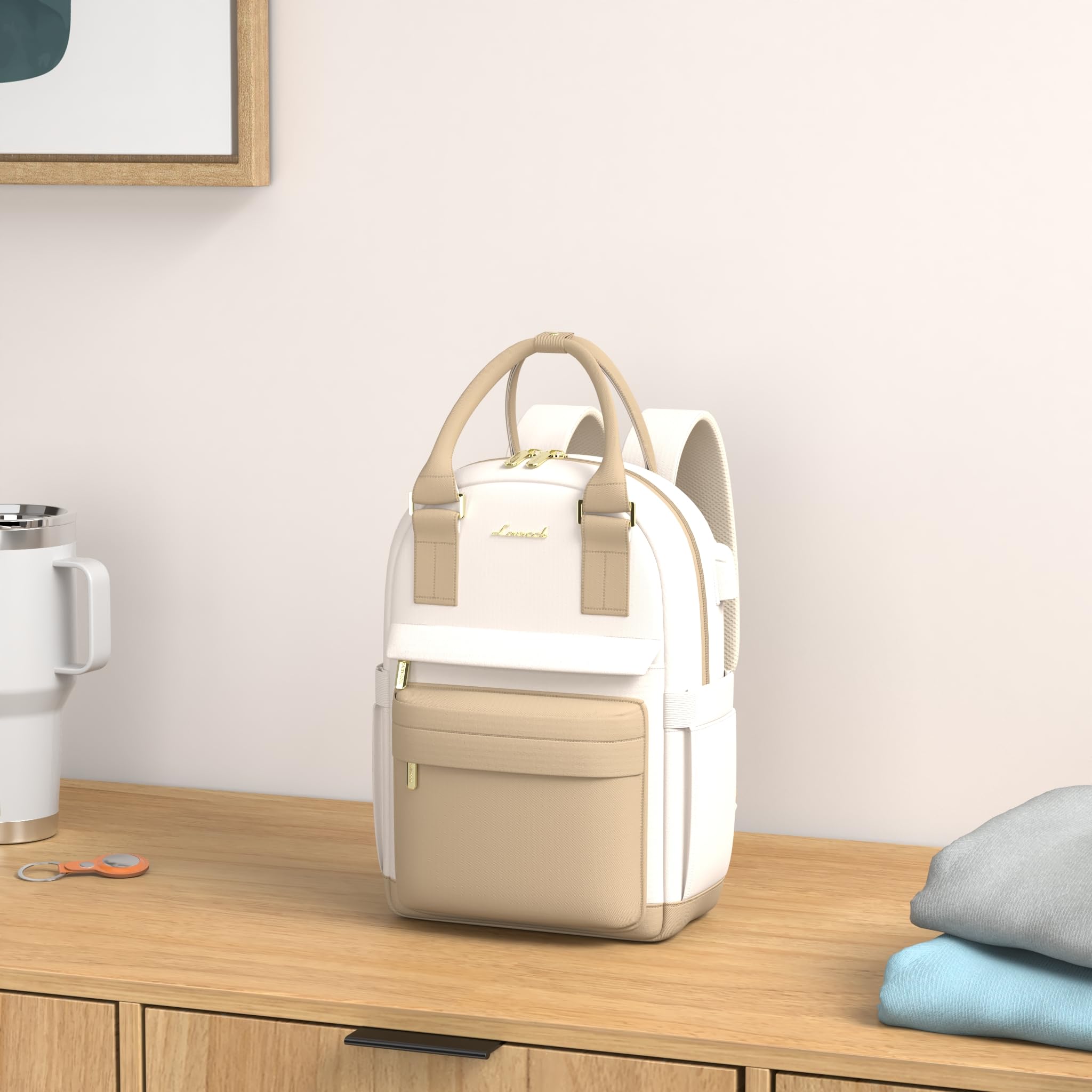 LOVEVOOK Mochila Mujer Pequeña, Bolso Mochila Viaje Antirrobo con Puerto de Carga USB, Impermeable Casual Mini Backpack para Oficina Universidad Compras Uso Diario, Caqui Beige