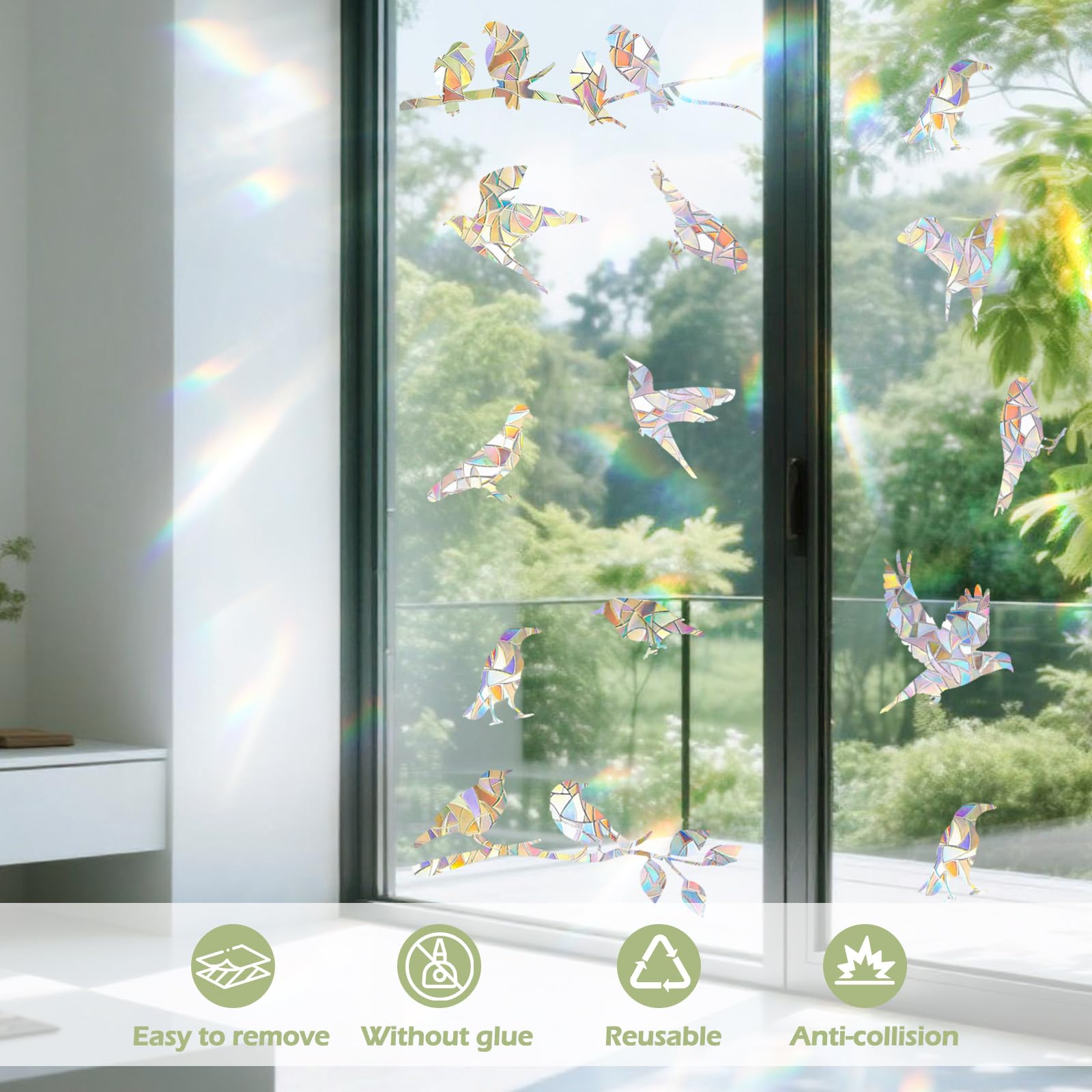 Simpeak Autocollants de Fenêtre Prisme, Attrape-Soleil Adhésifs Vitre, Stickers Muraux PVC Anti-Collision, Décorations Transparentes pour Salle à Manger Chambre, 2 Feuilles (Petit oiseau)