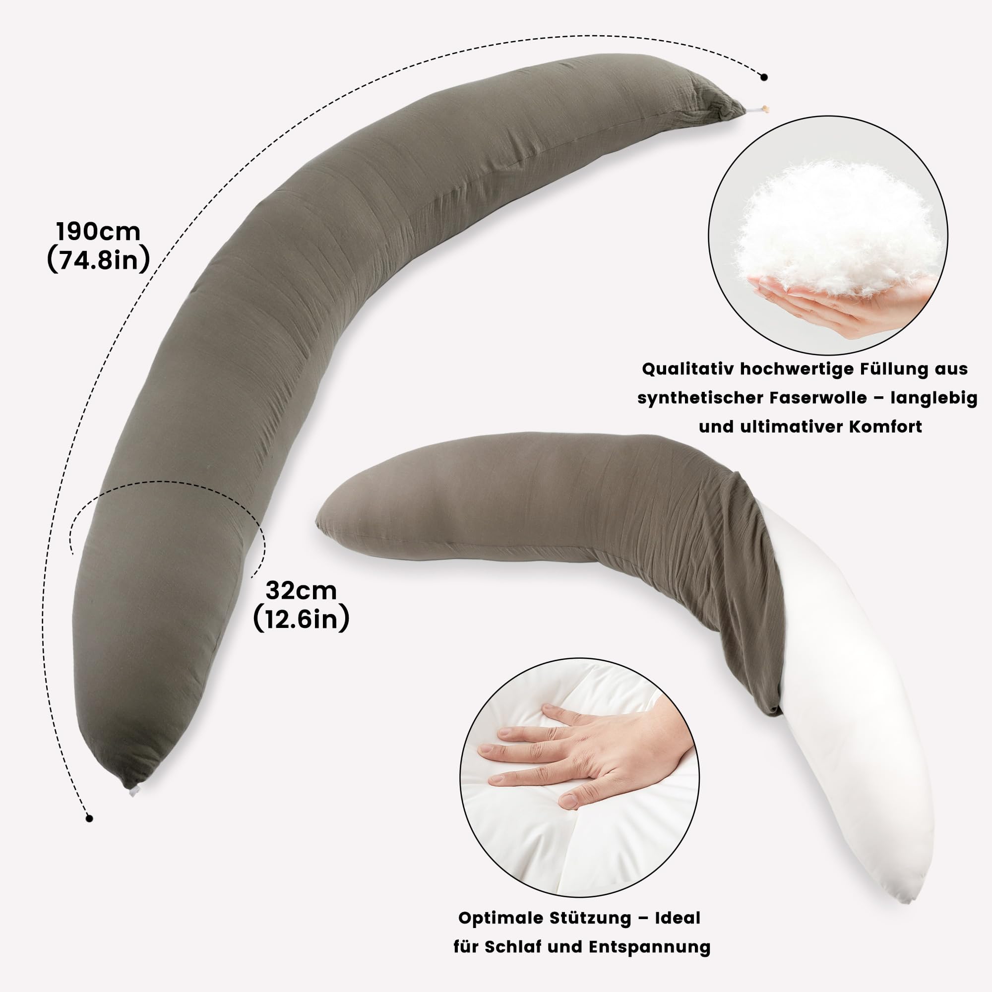 CALIYO Cojín de lactancia XXL 190 × 32 cm, almohada para dormir de lado y almohada de embarazo, cojín de lactancia para adultos, cojín de lactancia con relleno y funda extraíble lavable a máquina