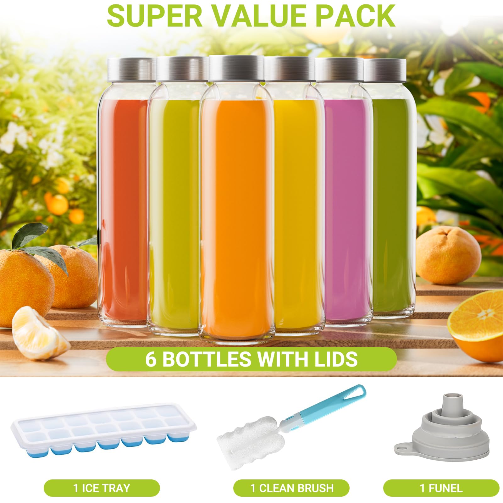 Botellas de agua de vidrio de 500 ml con tapas de metal, paquete de 6 botellas de jugo transparentes vacías con cepillo de limpieza para agua, kombucha, vino, elaboración de cerveza, batidos,