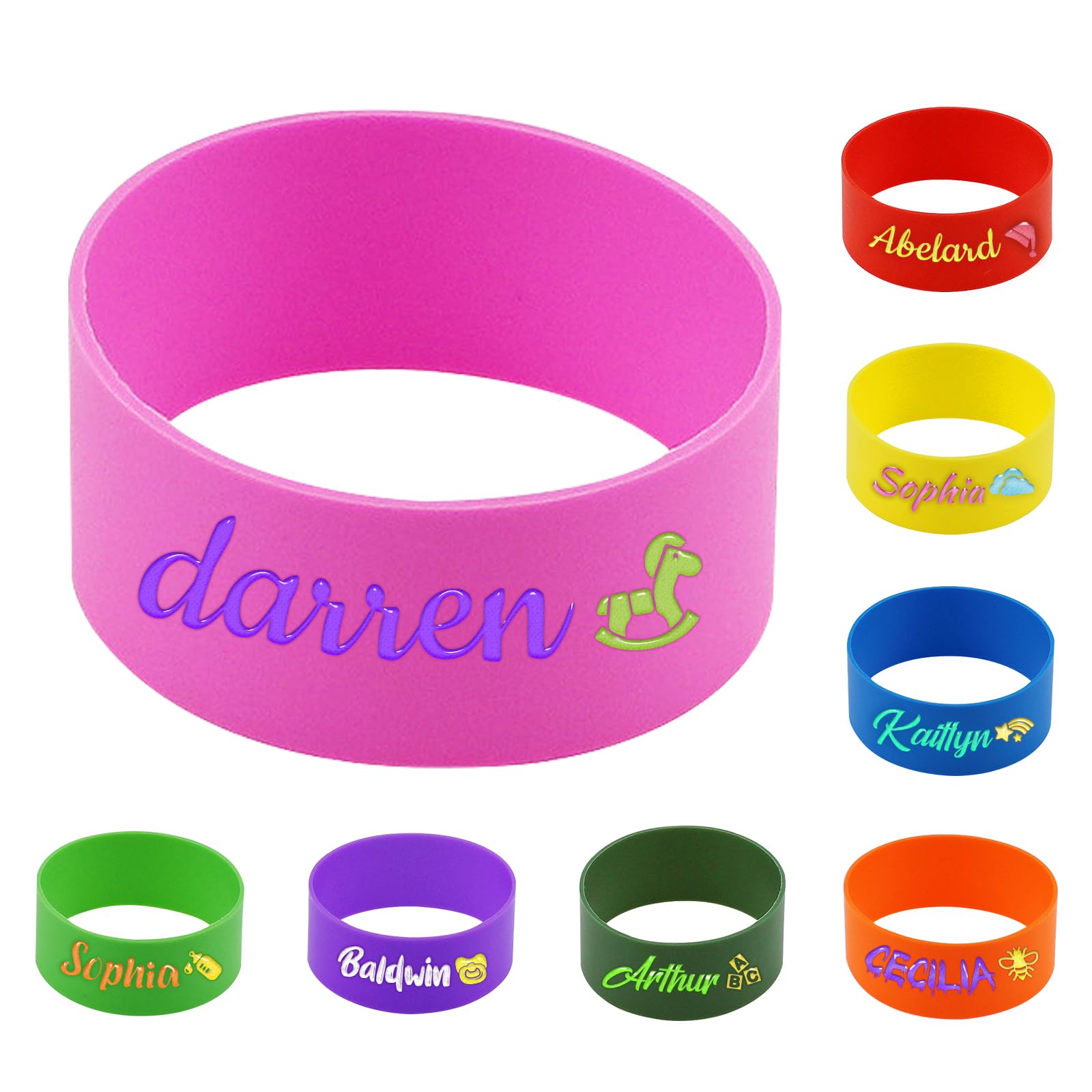 2 Pcs Personalised Water Bottle Name Bands, Silicone Daycare Labels, Waterproof Bottle Labels Cute Daycare Essentials Printable Sippy Cup Strap Gifts ā image 1