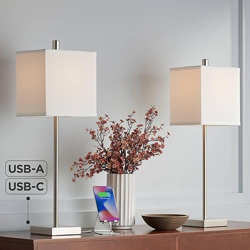 Miniatura 9 de 360 Lighting Franco - Juego de 2 lámparas de mesa minimalistas modernas de 26.5 pulgadas de alto con puertos de carga USB, níquel cepillado,
