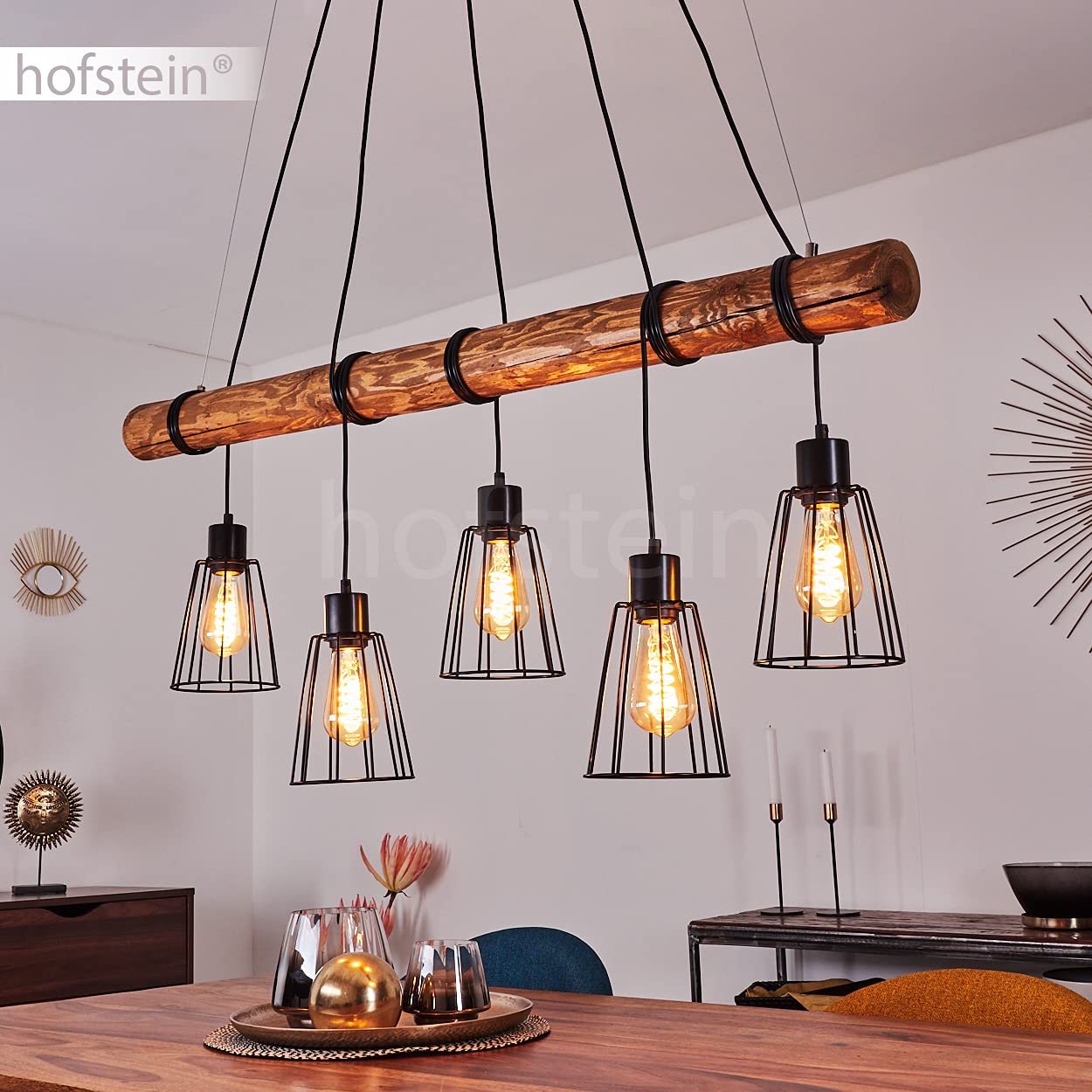 Lampa wisząca Canedo, 5-lampowa lampa wisząca z metalu/drewna w kolorze czarnym/brązowym w stylu skandynawskim, lampa wisząca z drewnianym prętem i kloszami w kształcie kraty, 5 x E27, bez żarówek