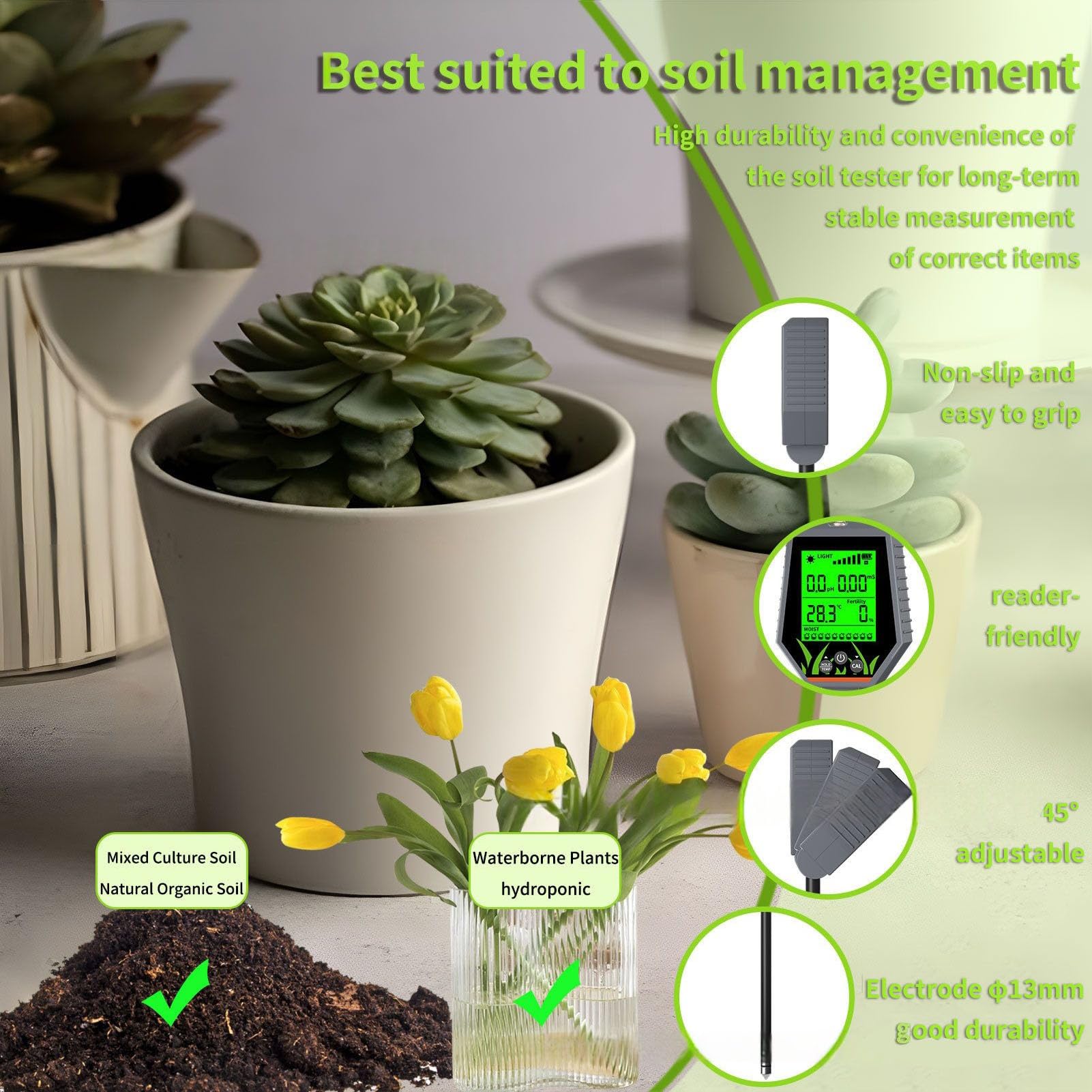 Jectse Medidor de Humedad del Suelo Probador de PH Digital, 6 en 1 Ph/Aire Humedad/Humedad/Temperatura/medidor de Ligereza, para Plantas de Agua de Jardín