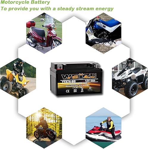 Miniatura 7 de Weize YTX7A-BS - Batería de motocicleta AGM sellada de alto rendimiento, sin mantenimiento, compatible con gas Gy6, ciclomotor de 50 CC 125 CC