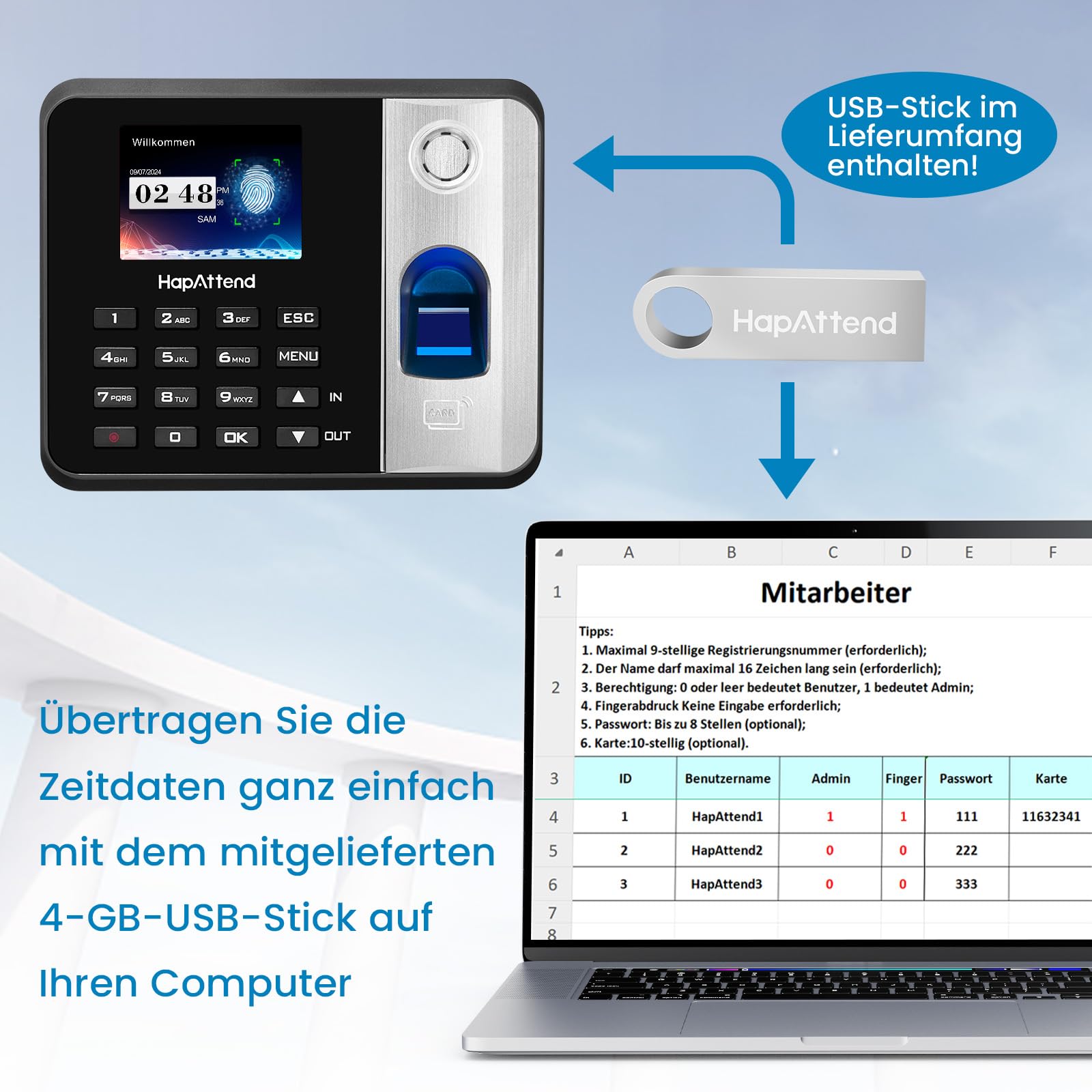 Zeiterfassung für kleinbetriebe Deutsche Ausgabe, Stechuhr zeiterfassung Mitarbeiter mit 15 RFID, 0 monatliche Gebühren Fingerabdruck stempeluhr arbeitszeiterfassung stempeluhr
