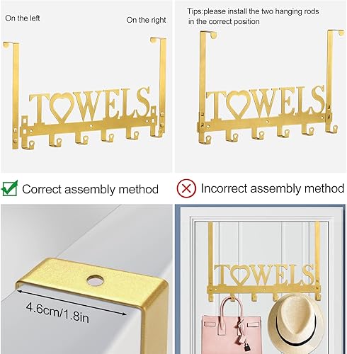 Miniatura 4 de Toallero de metal para colgar sobre la puerta, para baño, dormitorio, puerta, toalla, bata de baño, ganchos para toallas (6 ganchos, dorado)