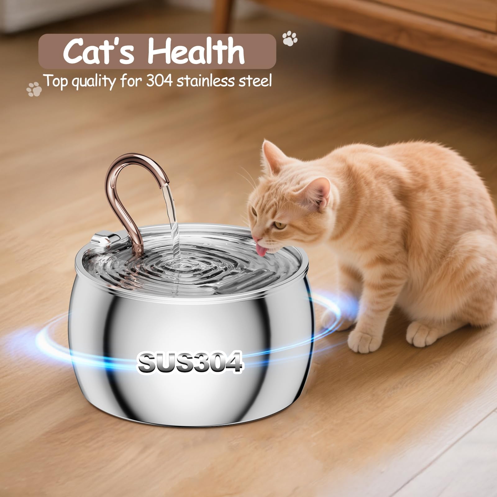 Fuente de agua para gatos, acero inoxidable, 2.5 L/84 onzas, cuello de cisne para gatitos, fuente de agua para gatos en el interior con 6 filtros de repuesto y 6 esponjas de prefiltro, para