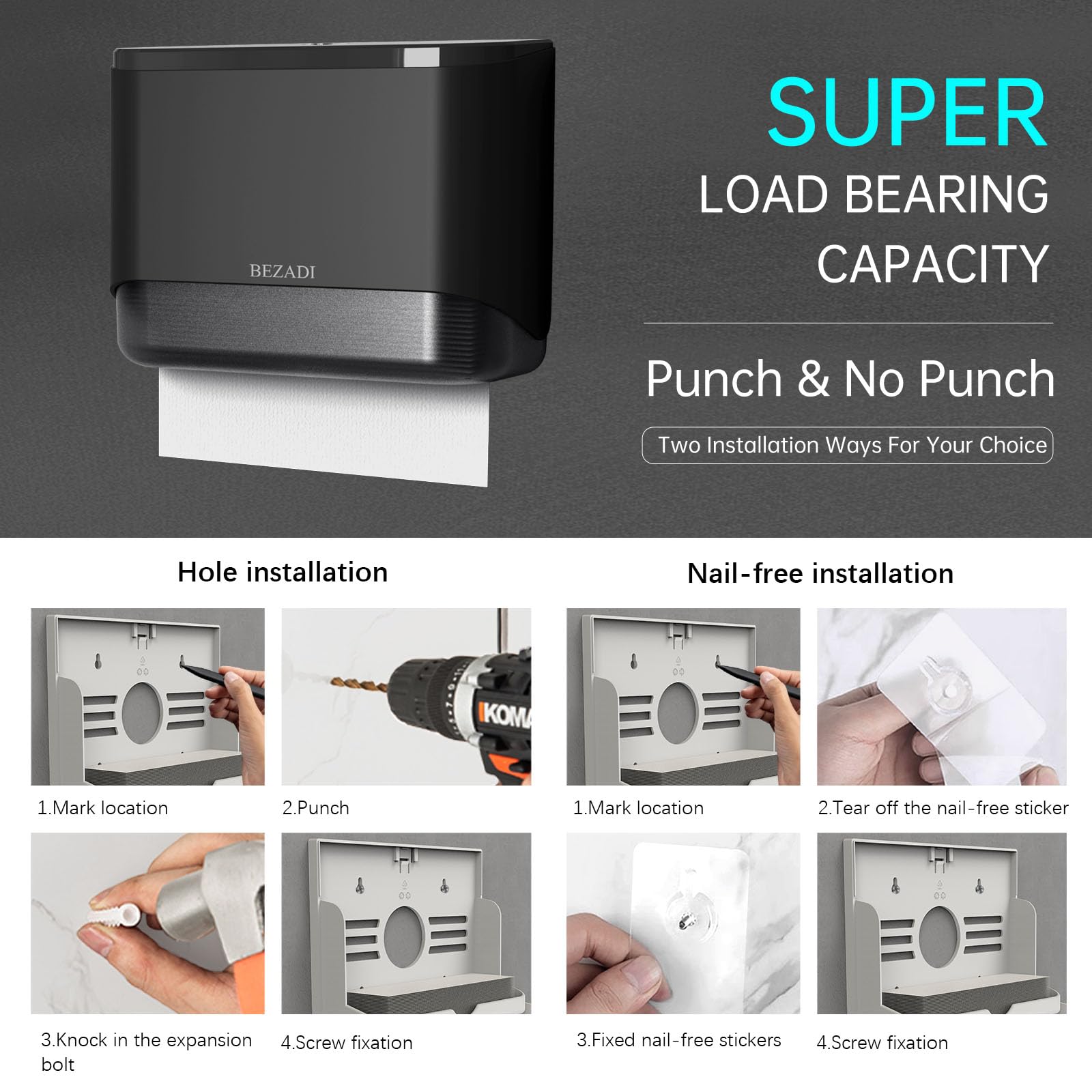 Dispensador de toallas de papel multipliegue, montaje en pared, dispensadores comerciales de servilletas con cerradura, 200 hojas, 6012 negro