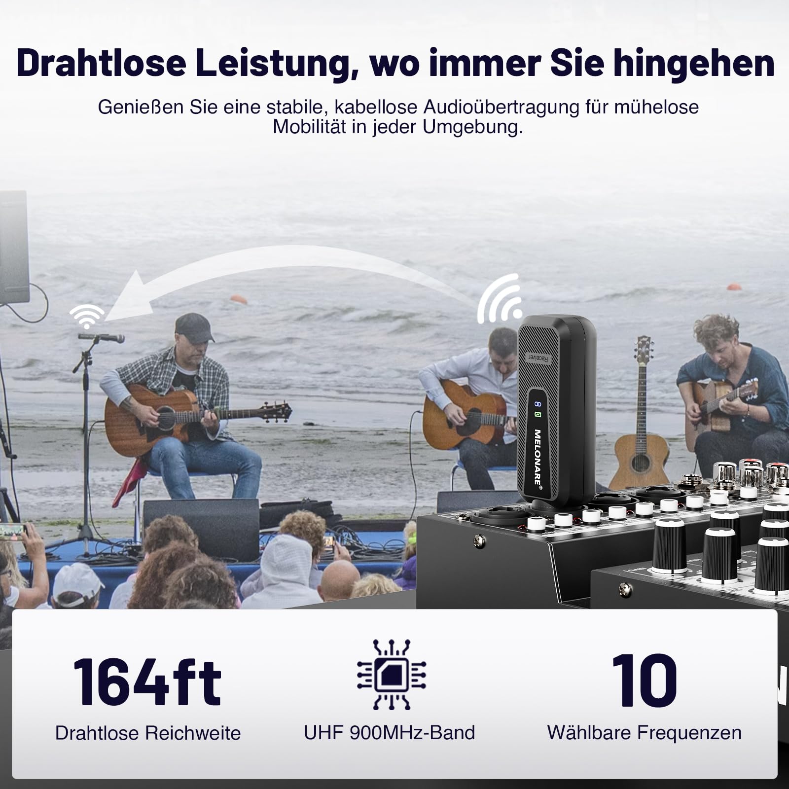 MELONARE Drahtloser XLR Plug On Mikrofon Adapter UHF MX-1 | Drahtloser XLR-Sender und -Empfänger, 50 m Reichweite, 48 V Phantomspeisung, UHF 900 MHz, für Mikrofon, Mixer und PA