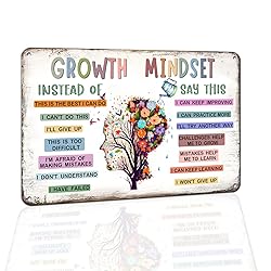 Hesanqian Growth Mindset Metal Tin Sign - Positive Affirmations for Kids, Mental Health Wall Art, Classroom Decor, Therapy Office, School Counselor, Special Needs, Motivational Poster 8x12 Inch