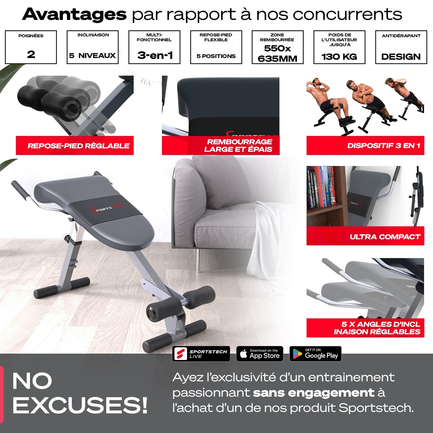 Sportstech BRT200 - Banc Lombaire, Musculation Dos, Appareil de Fitness Multistation, Banc de Musculation, Entraînement Varié, Matériau EVA, Planche Dorsale, Nordic Curl, Musculation Lombaire et Dos