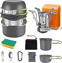 AUTOPkio Camping Cookware with Stove, Aluminium Camping Pots and Non-Toxic Pan with Folding Cutlery for Camping, Hiking, Climbing, Hiking 1-2 Person Use
