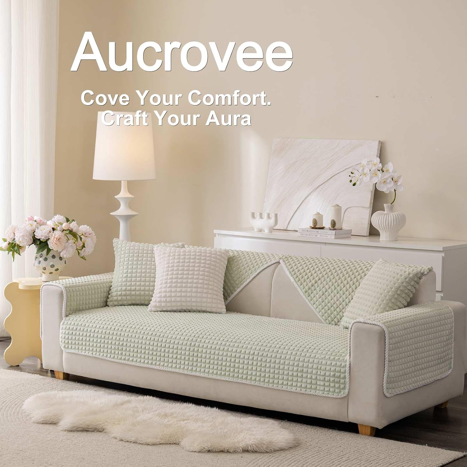Soft Plush Plaid Couch Cover Washable, Non Slip Fleece Sectional Sofa Covers for 3 Cushion Couch Sofa L Sharped Sofa Slipcover for Pets, Furniture Protector (1 PCS 36"x70" Green)
