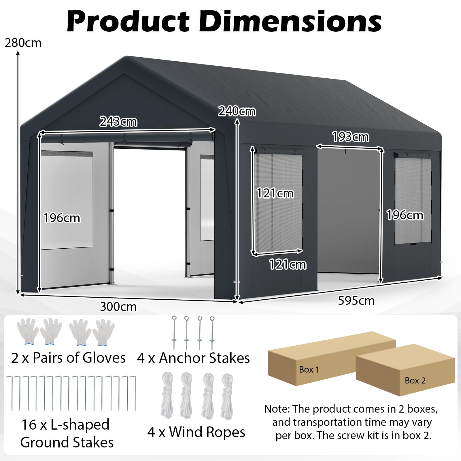 GOPLUS Abri Tente Garage 3x6 M, Tente de Stockage, Carport Résistant aux Intempéries, avec Couverture et 8 Parois Amovibles, pour Fêtes, Stands de Marché, Bateaux,Voitures, Gris
