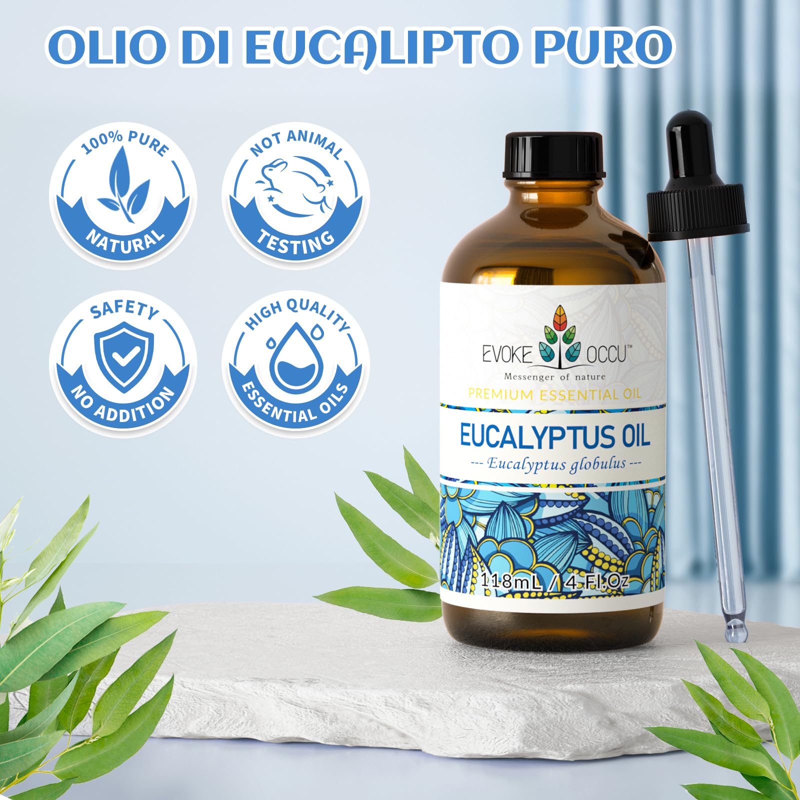 EVOKE OCCU Olio Essenziale Eucalipto 118ml, Puro per Rinfrescare la Mente, Purificare l'aria, la Cura Della Pelle, i Diffusori, l'aromaterapia e il Massaggio