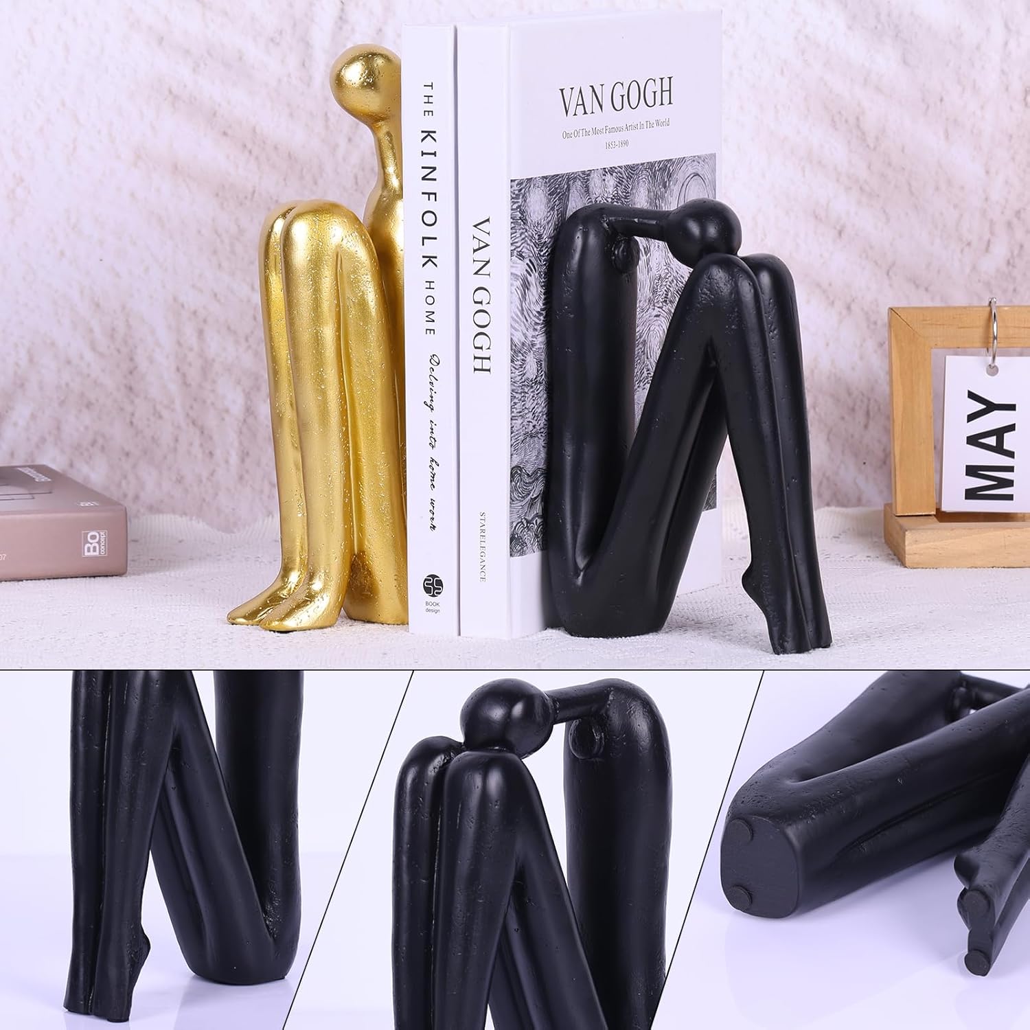Heavy Bookends for Heavy Books – Modern Decorative Book Ends Thinker Statue, Creative Bookends Book Stopper for Shelves, Abstract Sculpture Bookshelf Desk Decor for Home Office (Black and Gold)