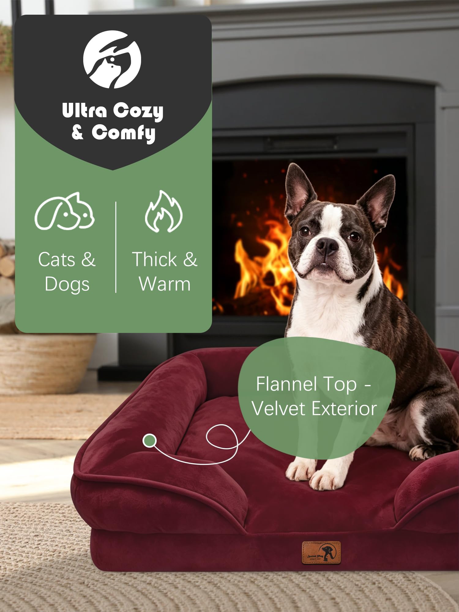 Spotted Play Orthopedic Dog Bed with Sides - Sofa Beds for Small Dogs, Supportive Foam Pet Couch Bed with Washable Removable Cover, Waterproof Lining and Non-Slip Bottom, Burgundy - S view 2