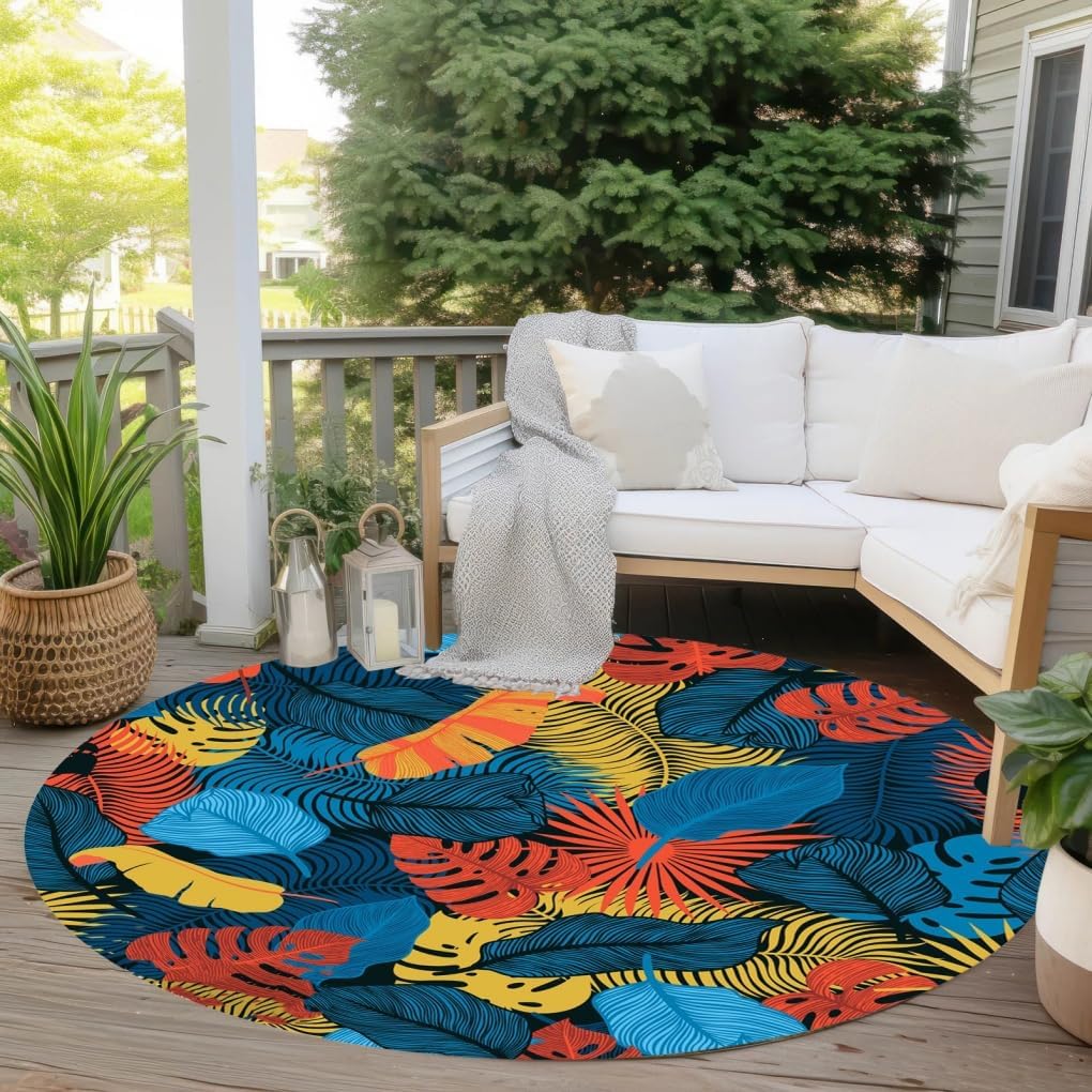 Blue White Palm Monstera Leaves Round Indoor Outdoor Area Rug 6ft Waterproof Washable No Slip Circle Outside Rug for Backyard Garden Patio Deck Balcony Porch Bedroom Floor Carpet Mat
