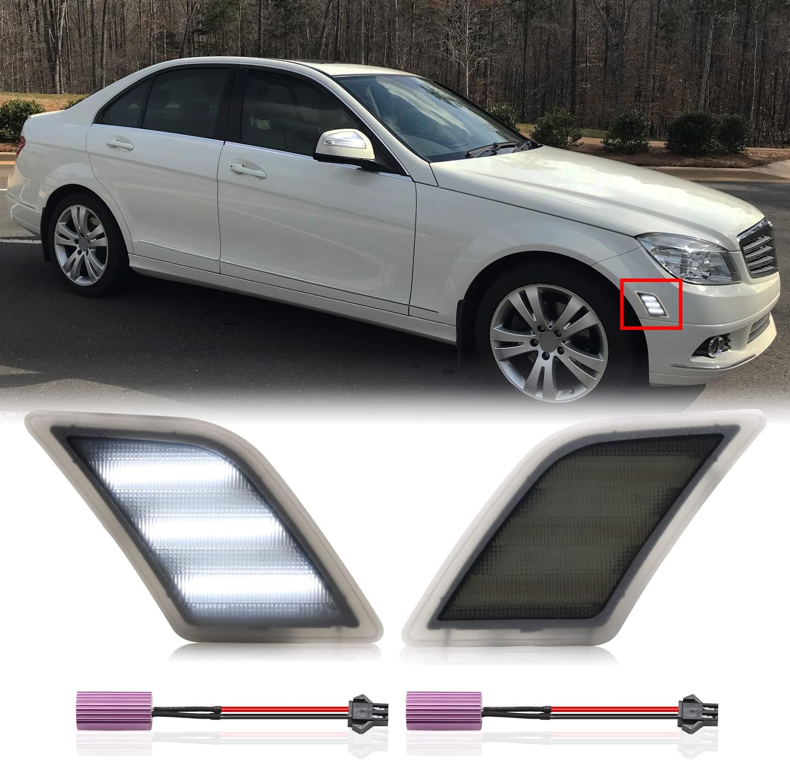 LED Front Side Marker Light Replacement for W204 C250 C300 C350 2008-2011, C63 AMG 2008-2013, SL65 AMG 2005-2007, White Side Parking Position Lamps Replace OE A204820022, A2048200121