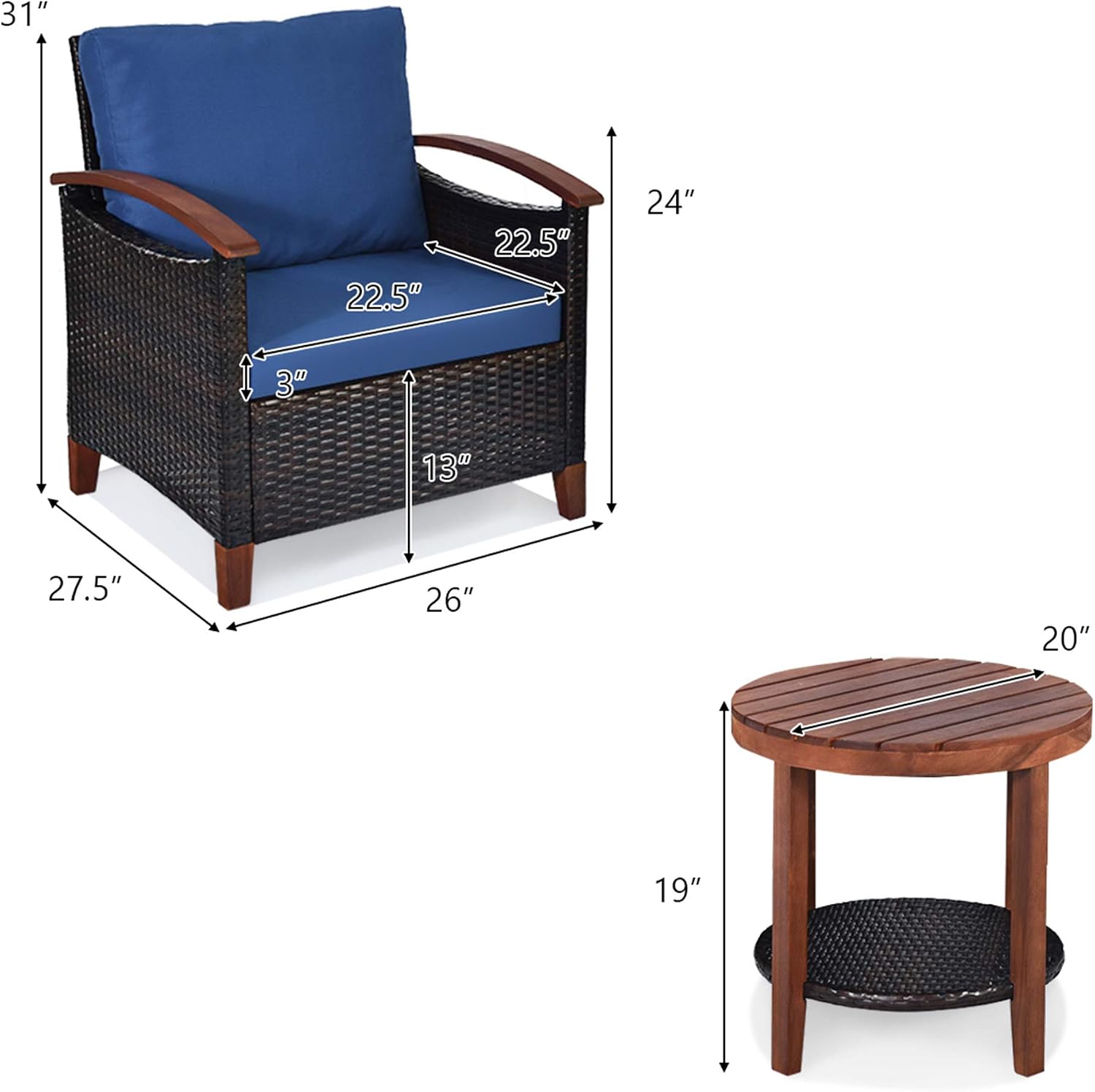 DORTALA Wicker Patio Furniture Set 3 Piece, Outdoor Table and Chairs with Wood Tabletop, Cushions, All- Weather Small Rattan Conversation Set for Balcony, Porch, Backyard, Deck, Navy