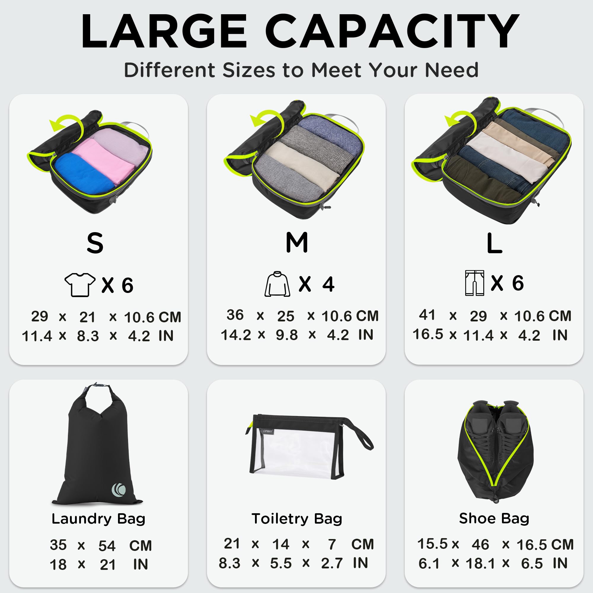 Cipway Compressore Organizer Valigia,Borsa da Viaggio Espandibile Ultraleggero Salvaspazio Viaggio Organizer per i Vestiti per Zaini o Bagagli a Mano(Nero,8 Pezzi)