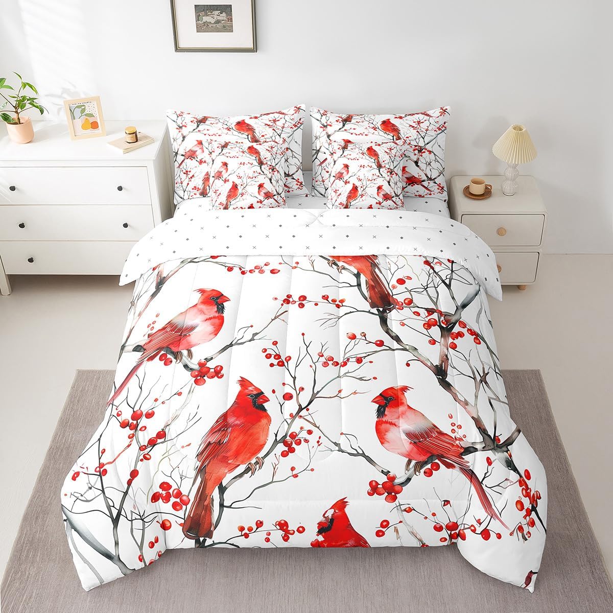 Erosebridal Cardinal Comforter Set with Sheets Queen Size Red Bird 7 Piece Bedding Set for Kids Men Women Natural Safari Branches Rustic White Lightweight Bed in A Bag