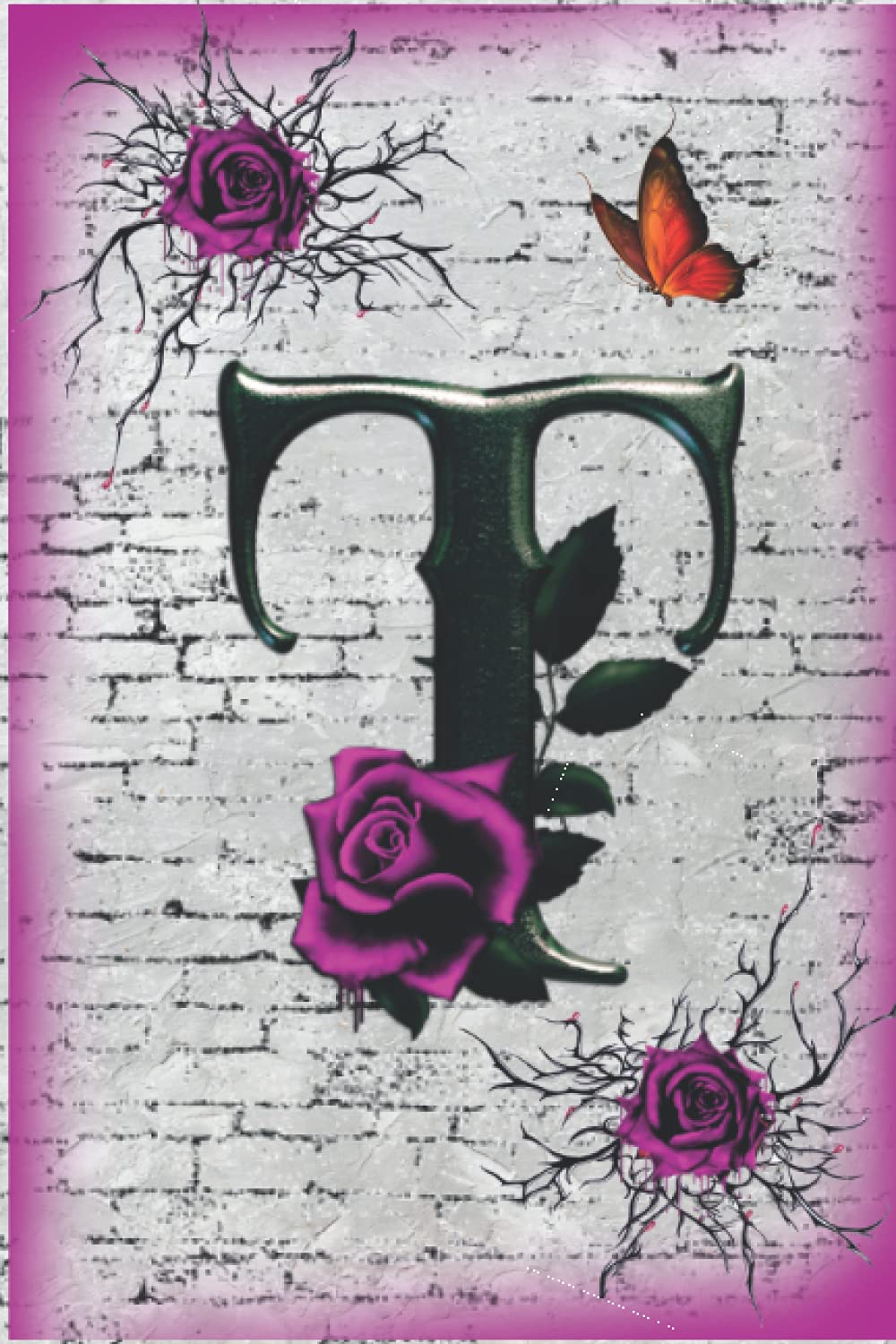 Monogram Initial Letter "T": Personalized (Monogram Initial) , Letter "T" Notebook, Writing Journal for Women/Men, Girls, Teens or Tweens and School, Dotted Grid , Black-Purple Roses style
