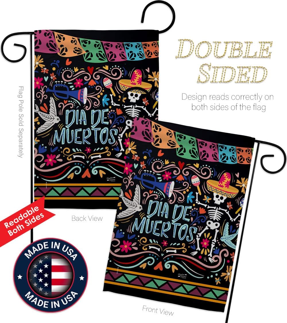 Colorful Dia de Muertos Garden Flag - Set with Stand Fall Day of Dead Los Fiesta Mexican Party Autumntime - House Decoration Banner Small Yard Gift Double-Sided Made In USA 13 X 18.5