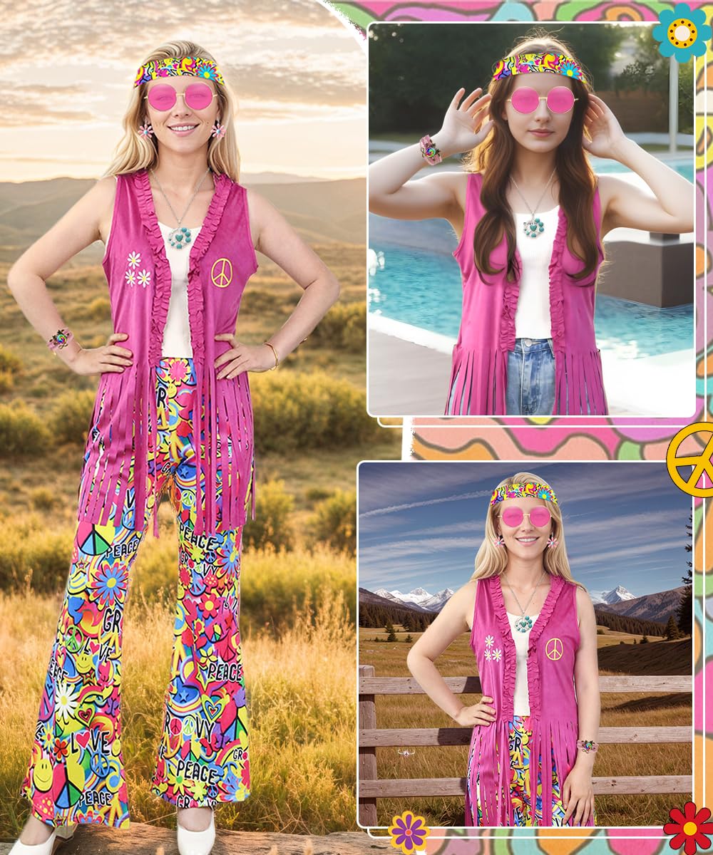 Hippie Kostüm Damen, 70er Jahre Outfit mit Hose, Weste, und Accessoires, Kostüms Damen Fasching, 60er 70er Jahre Kostüm Hippie Kleidung für Karneval, Cosplay und Partys
