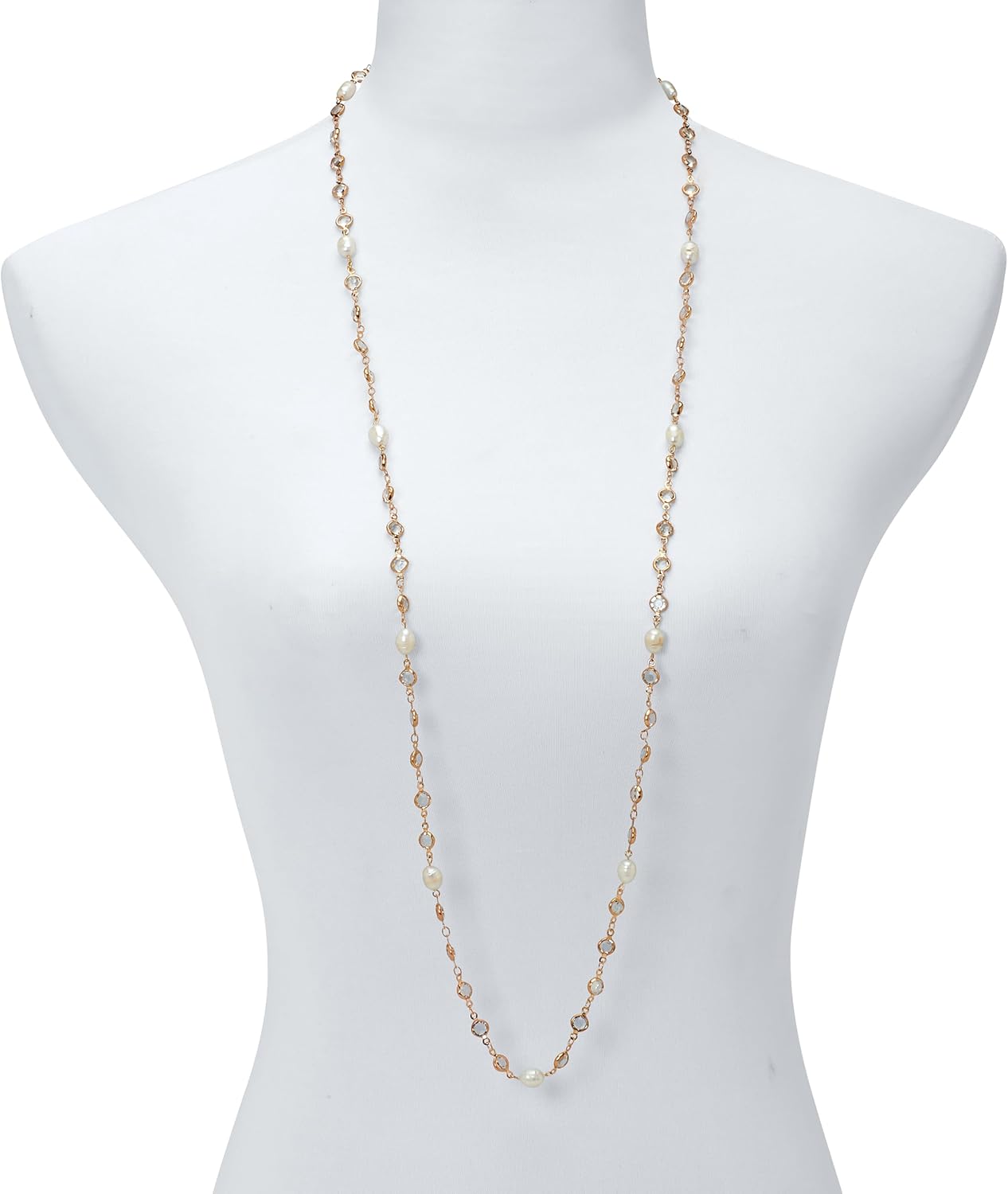 Palm Beach Jewelry White Crystal and Pearl Gold Ion-Plated Stainless Steel Long Necklace, 40 Inches