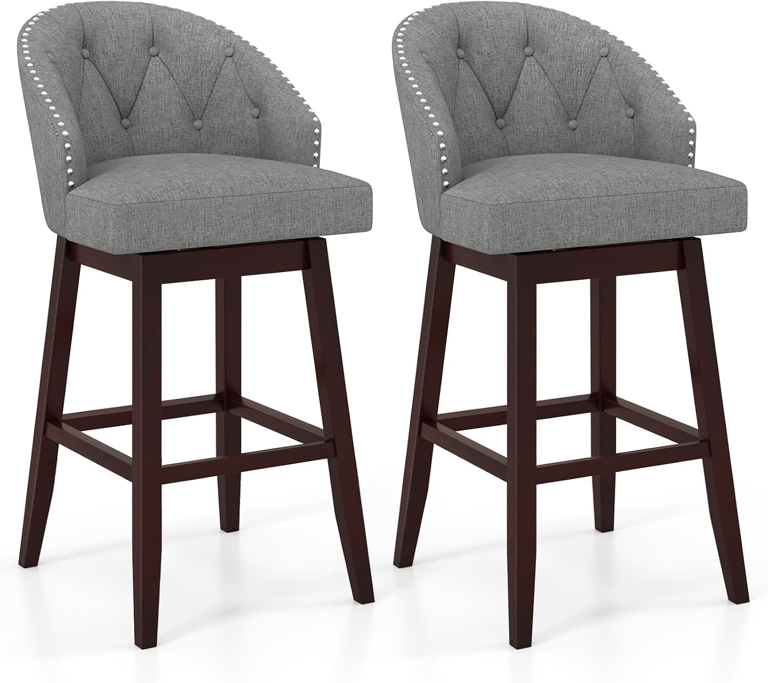 Giantex Modern Upholstered Bar Stools Set of 2, 31" Bar Height Swivel Kitchen Stools w/Button-Tufted Back, Rubber Wood Frame, Rivet Decoration, Linen Fabric Barstools for Counter Island, Cafe, Grey