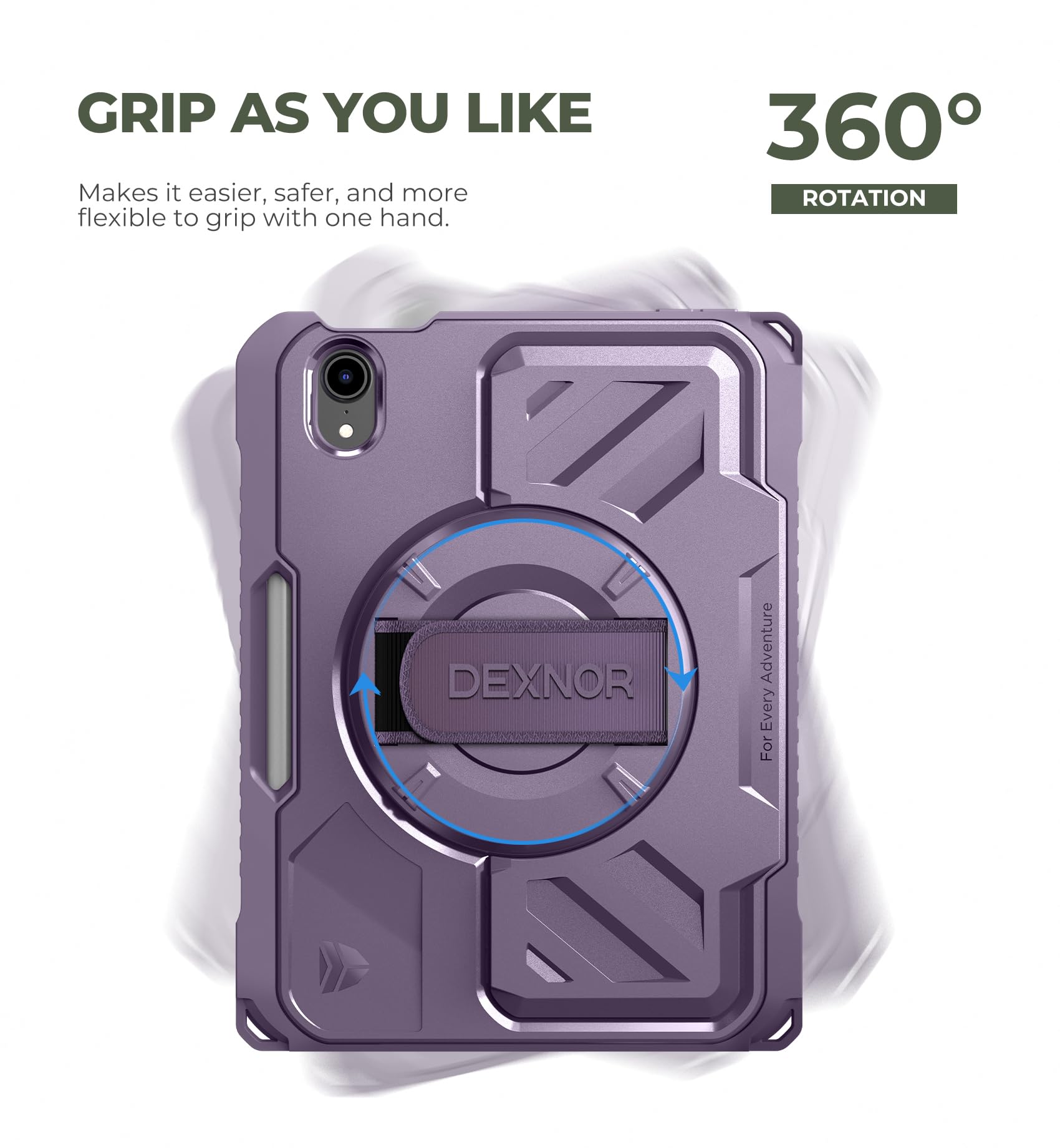 Dexnor Custodia per iPad mini 7 (A17 Pro) 2024/mini 6 2021 da 8,3 pollici, robusta custodia protettiva con cinturino da polso girevole a 360°, ampio supporto, pellicola protettiva e portapenne
