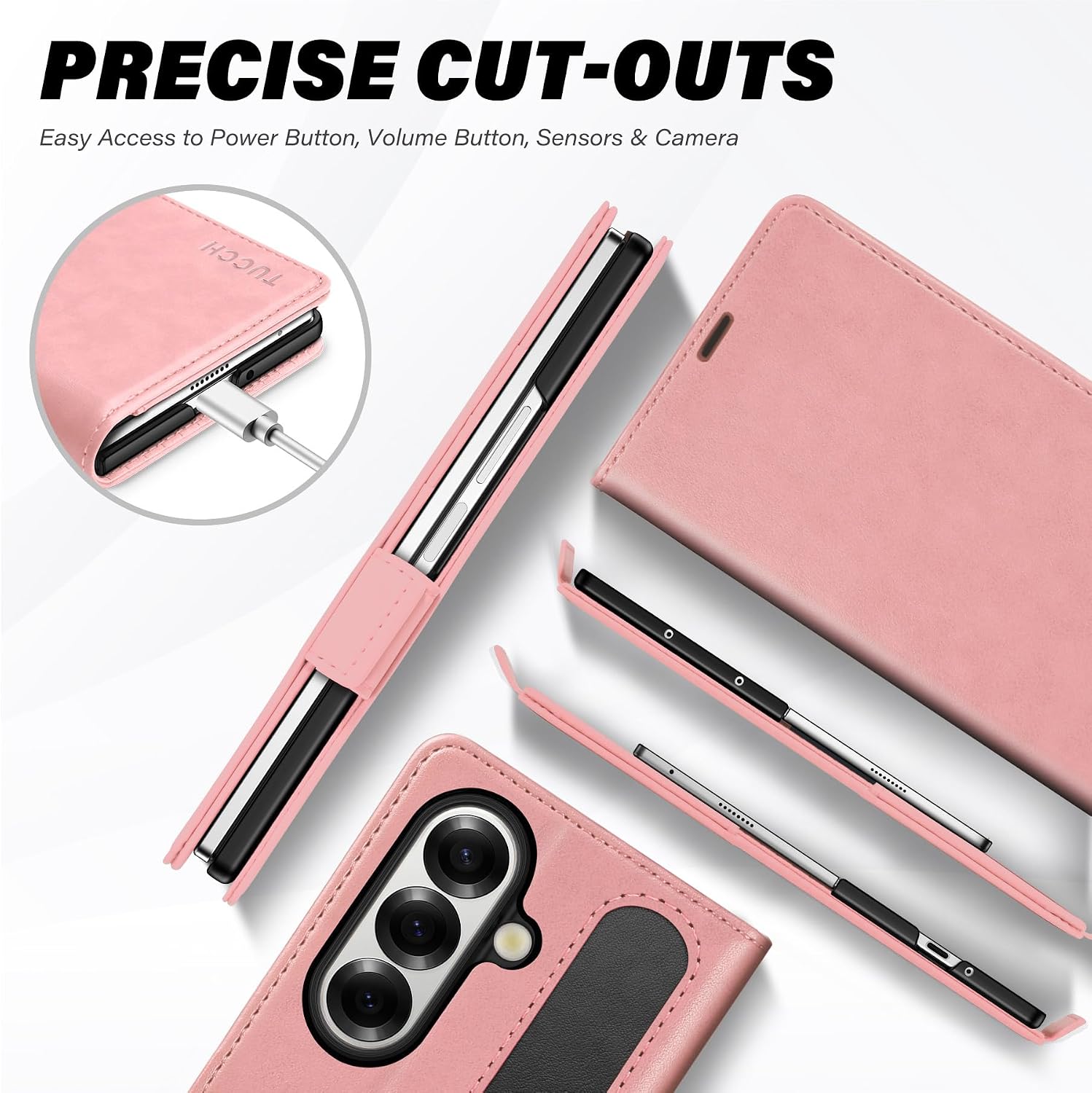TUCCH Wallet Case for Galaxy Z Fold7, Shockproof Magnetic PU Leather Cover with [RFID Blocking] Kickstand [4 Card Slots], PC Inner Case Compatible with Galaxy Z Fold 7 (8.0") 2025 5G, Rose Gold