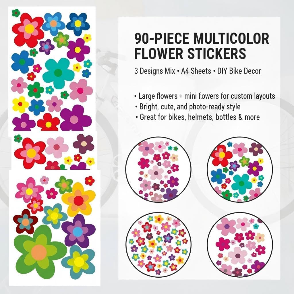 90Pcs Multicolor Flower Bike Stickers, Self-Adhesive Bicycle Frame Decals, Waterproof Vinyl Car Stickers for Motorcycle Scooter Helmet Laptop Luggage Decoration