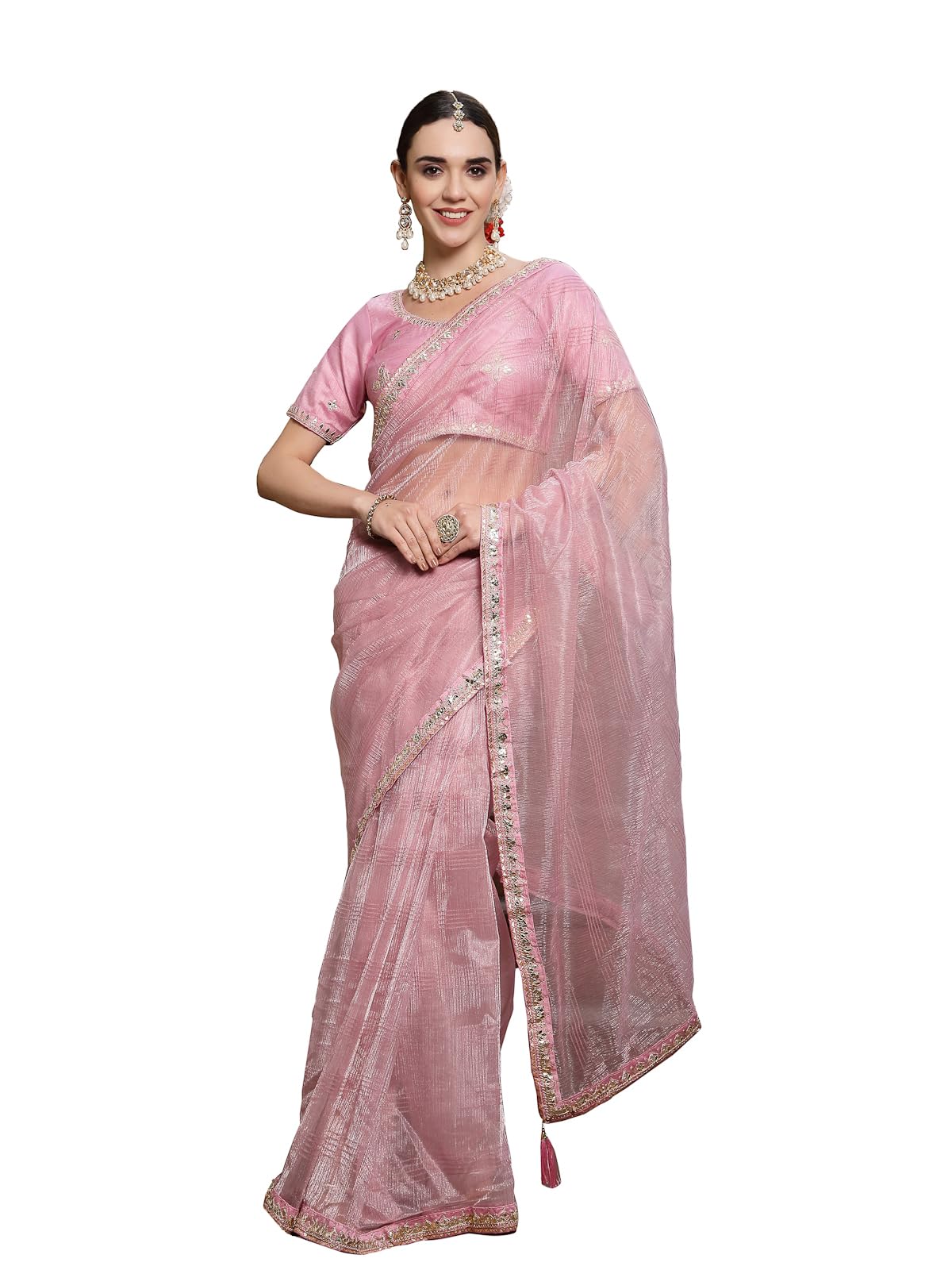 Stylum Women's Gota Patti Work Shimmer Net Saree (Srpinkbell_Pink)
