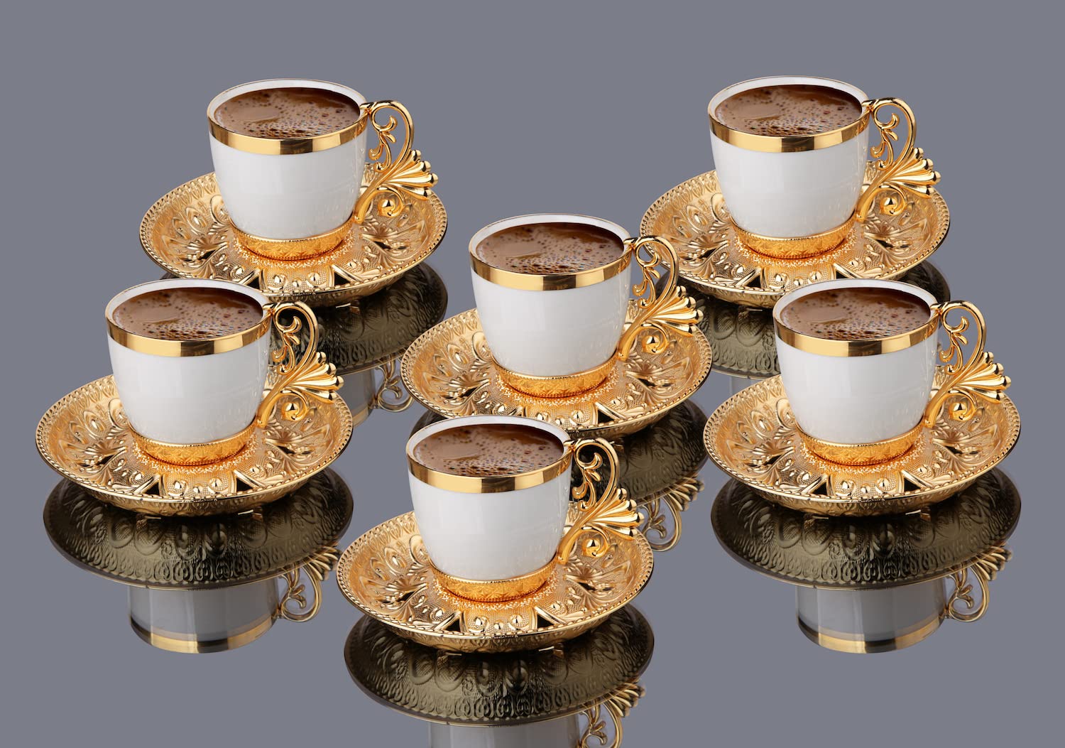 Mr Zoni Porcelain Turkish Greek Arabic Coffee Espresso Demitasse Cup Saucer Spoon Set (White - Gold)