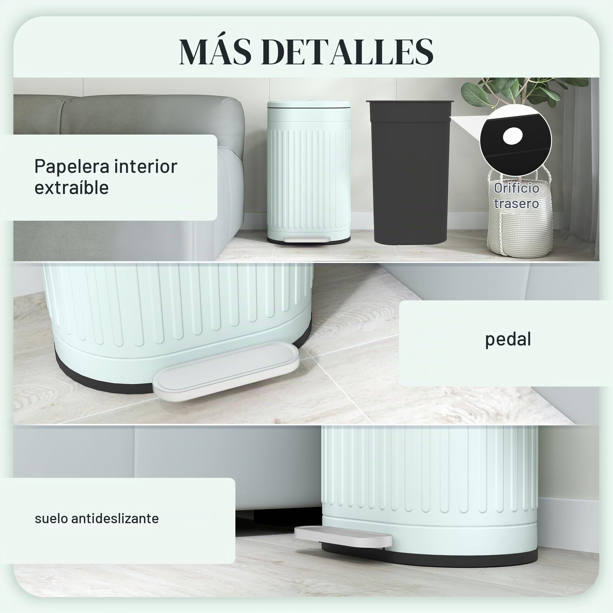 HOMCOM Papelera con pedal 30L, antihuellas, tapa soft-close, verde claro | Papelera de cocina metálica, pedal, cubo interior extraíble