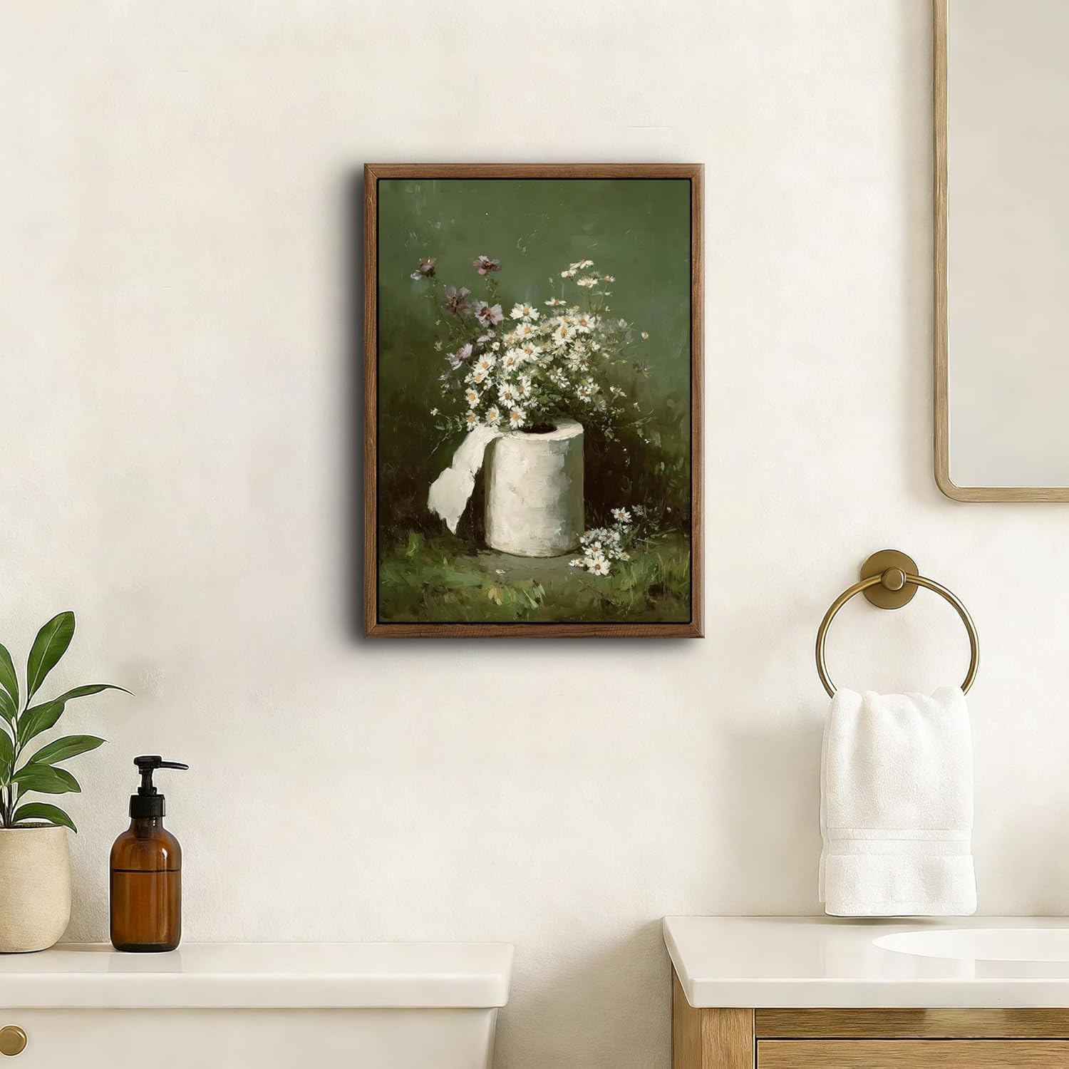 lianyibo Funny Bathroom Wall Art Vintage Toilet Paper Floral Canvas Print Rustic Farmhouse Moody Botanical Flower Painting Poster (70 x 100/wewnętrzna rama)